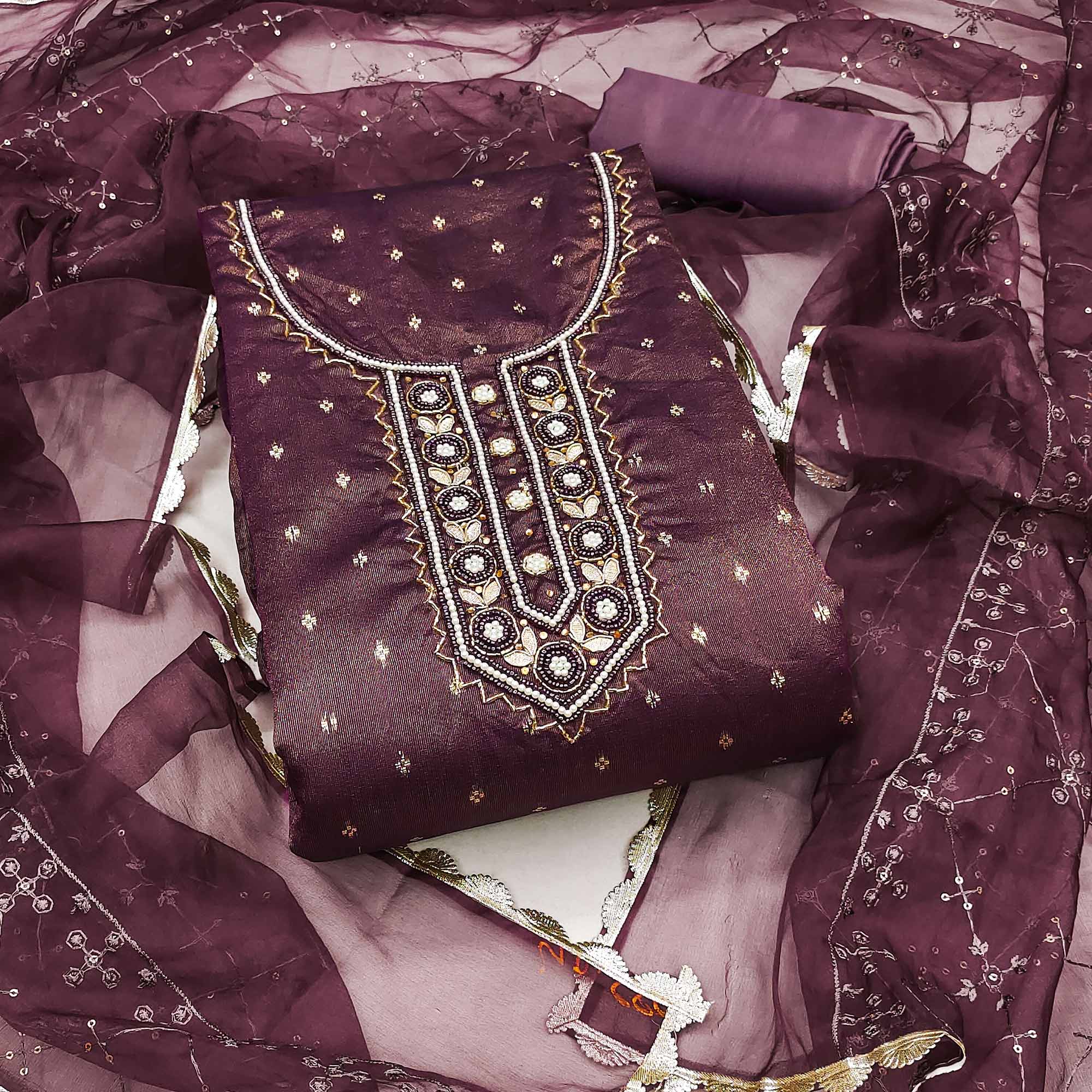 Wine Woven With Handwork Organza Dress Material