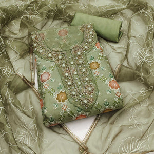Green Digital Printed With Hand Embroidered Organza Dress Material
