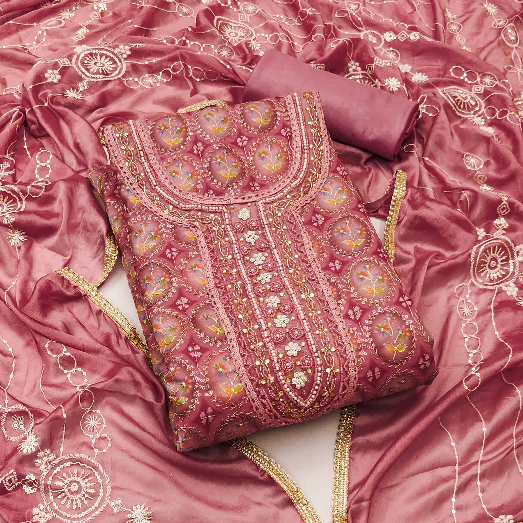 Pink Sequins Embroidery With Handwork Organza Dress Material