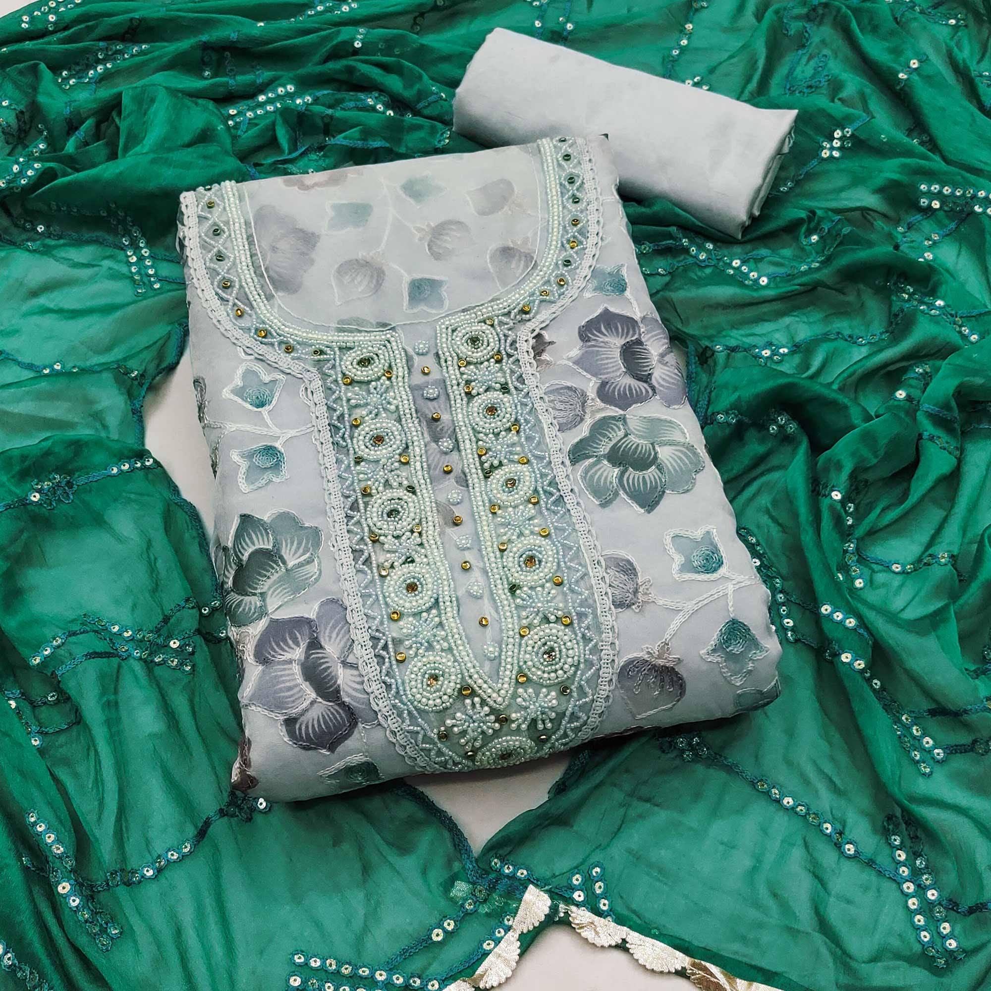 Light Grey Hand Embroidery With Digital Printed Organza Dress Material