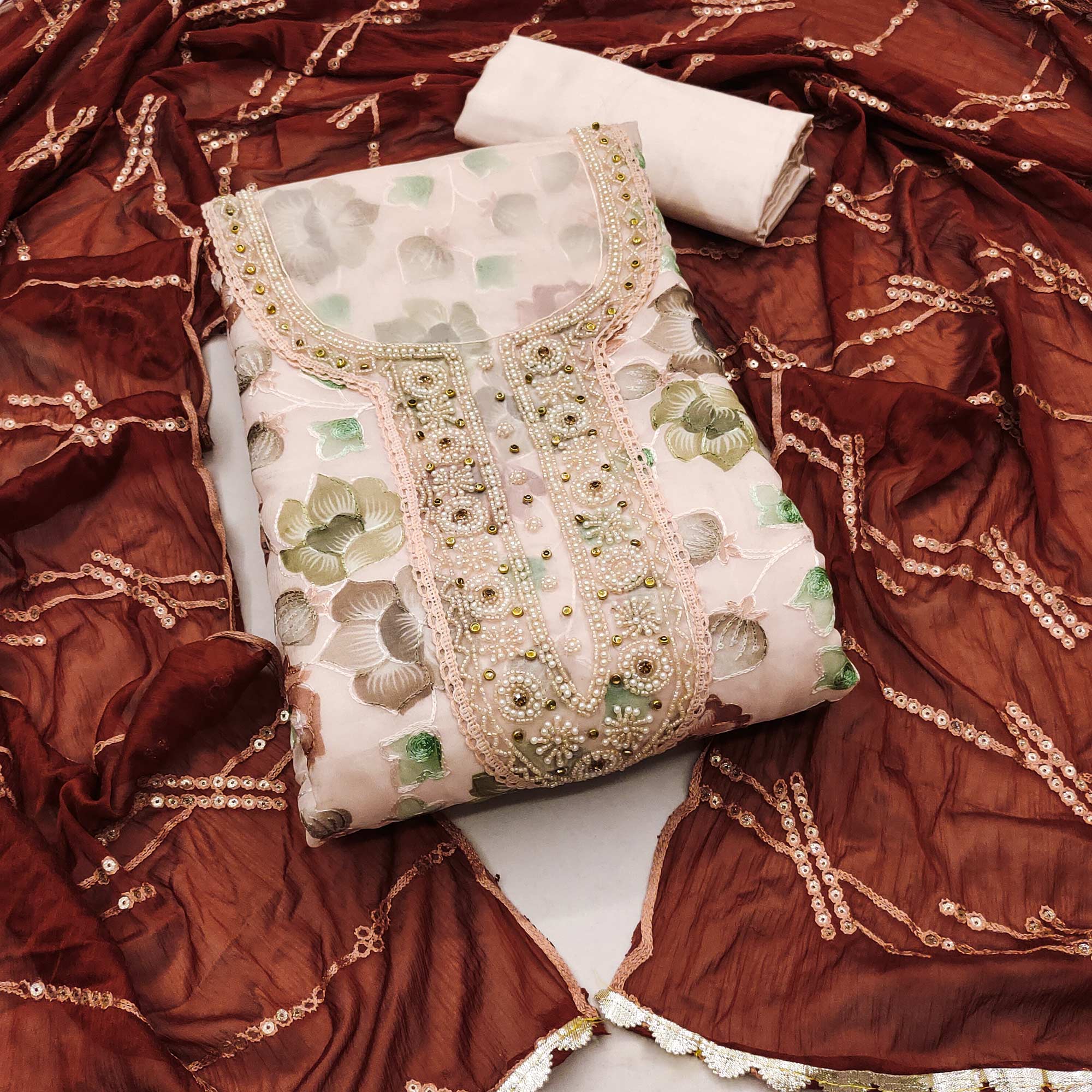 Light Peach Hand Embroidery With Digital Printed Organza Dress Material