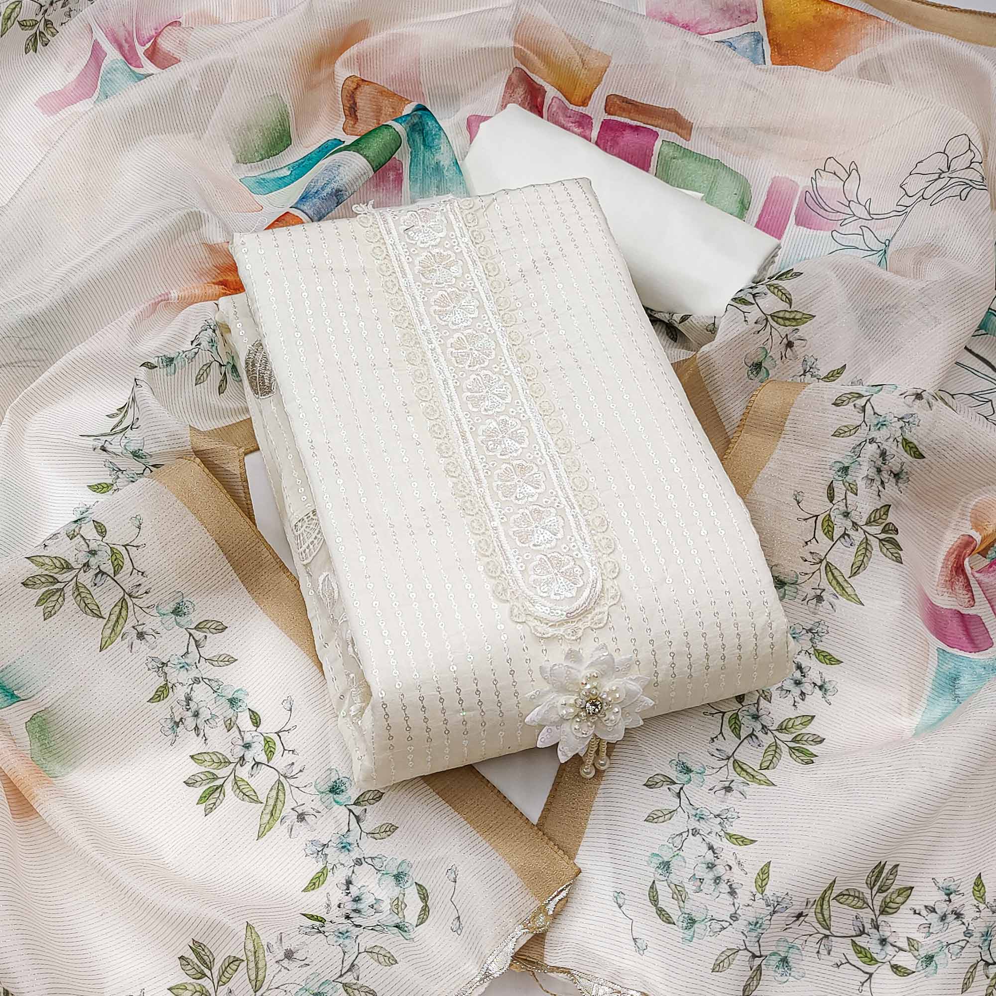 Offwhite Floral Sequins Embroidered Cotton Silk Dress Material