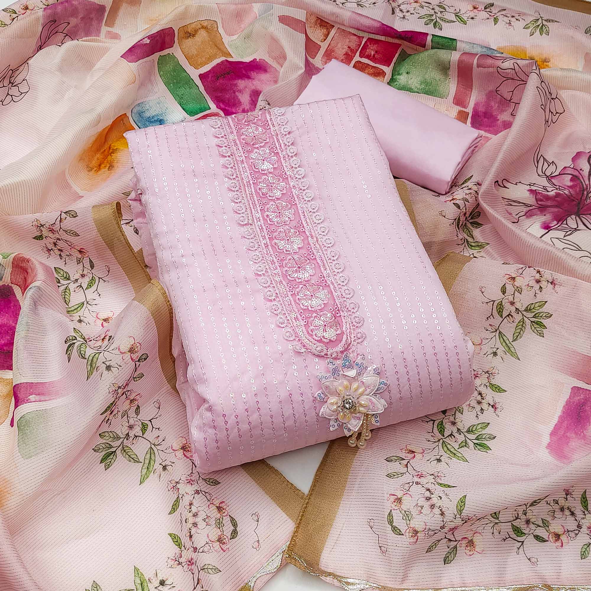 Pink Floral Sequin Embroidered Cotton Silk Dress Material