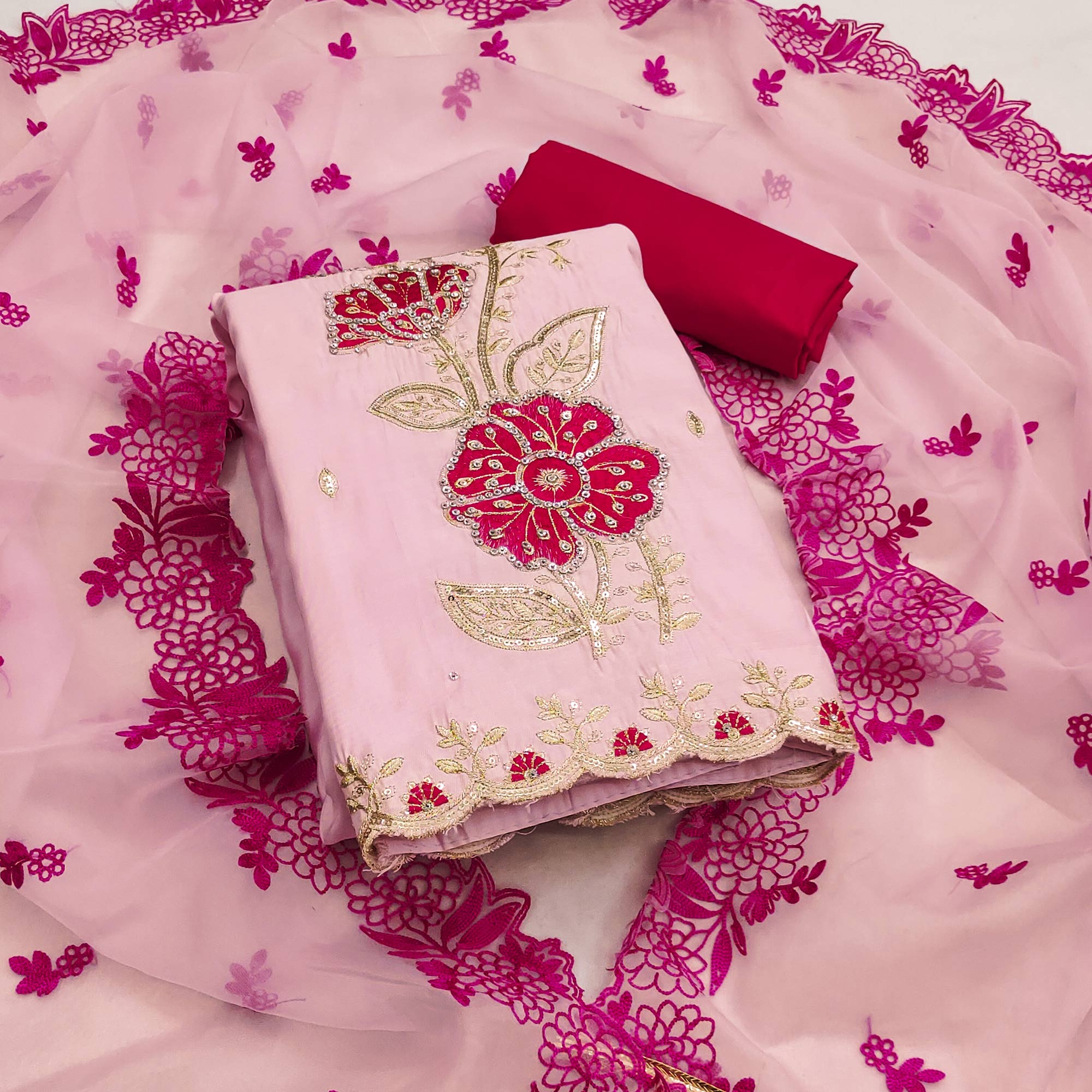 Pink Floral Hand Embroidered Cotton Silk Dress Material