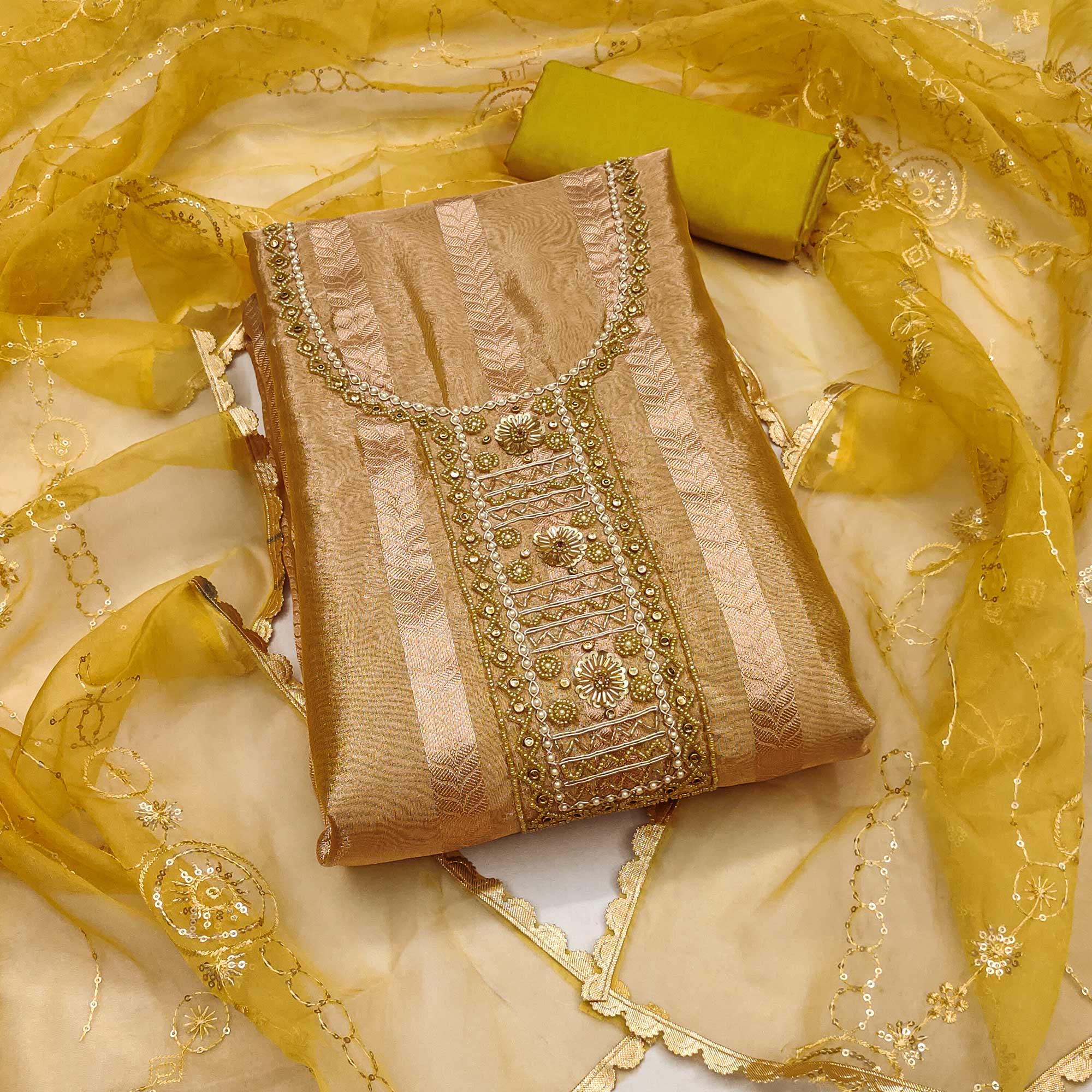 Green Sequins Hand Embroidery Organza Dress Material