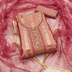 Peach Sequins Hand Embroidery Organza Dress Material