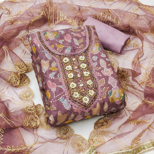 Mauve Floral Sequins Embroidery Organza Dress Material