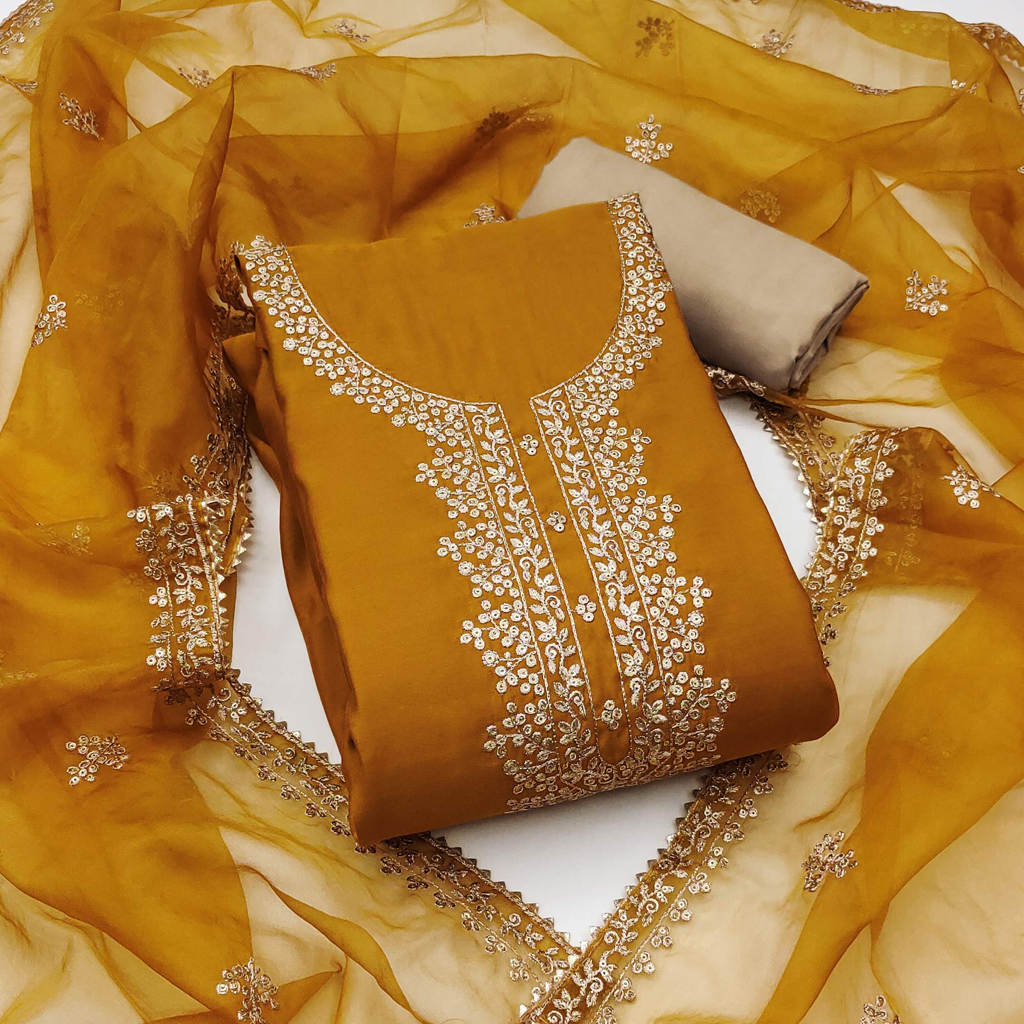 Mustard Sequins Embroidered Cotton Silk Dress Material