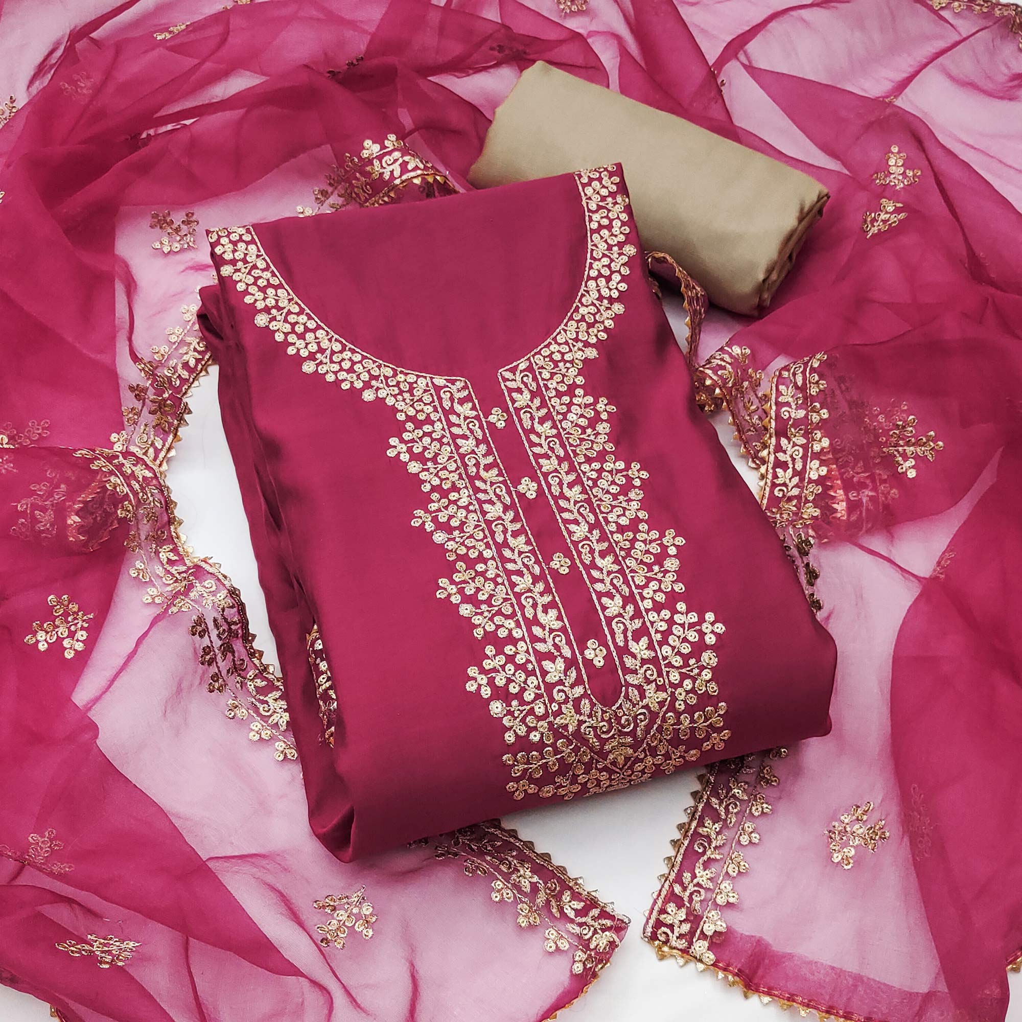 Pink Sequins Embroidered Cotton Silk Dress Material