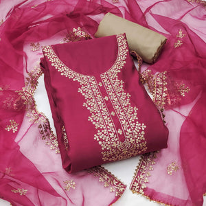 Pink Sequins Embroidered Cotton Silk Dress Material