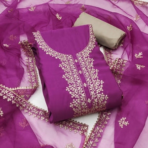 Purple Sequins Embroidered Cotton Silk Dress Material