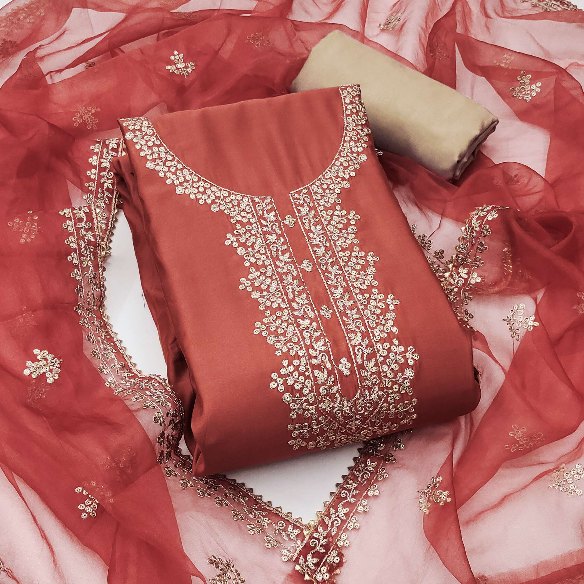 Rust Sequins Embroidered Cotton Silk Dress Material