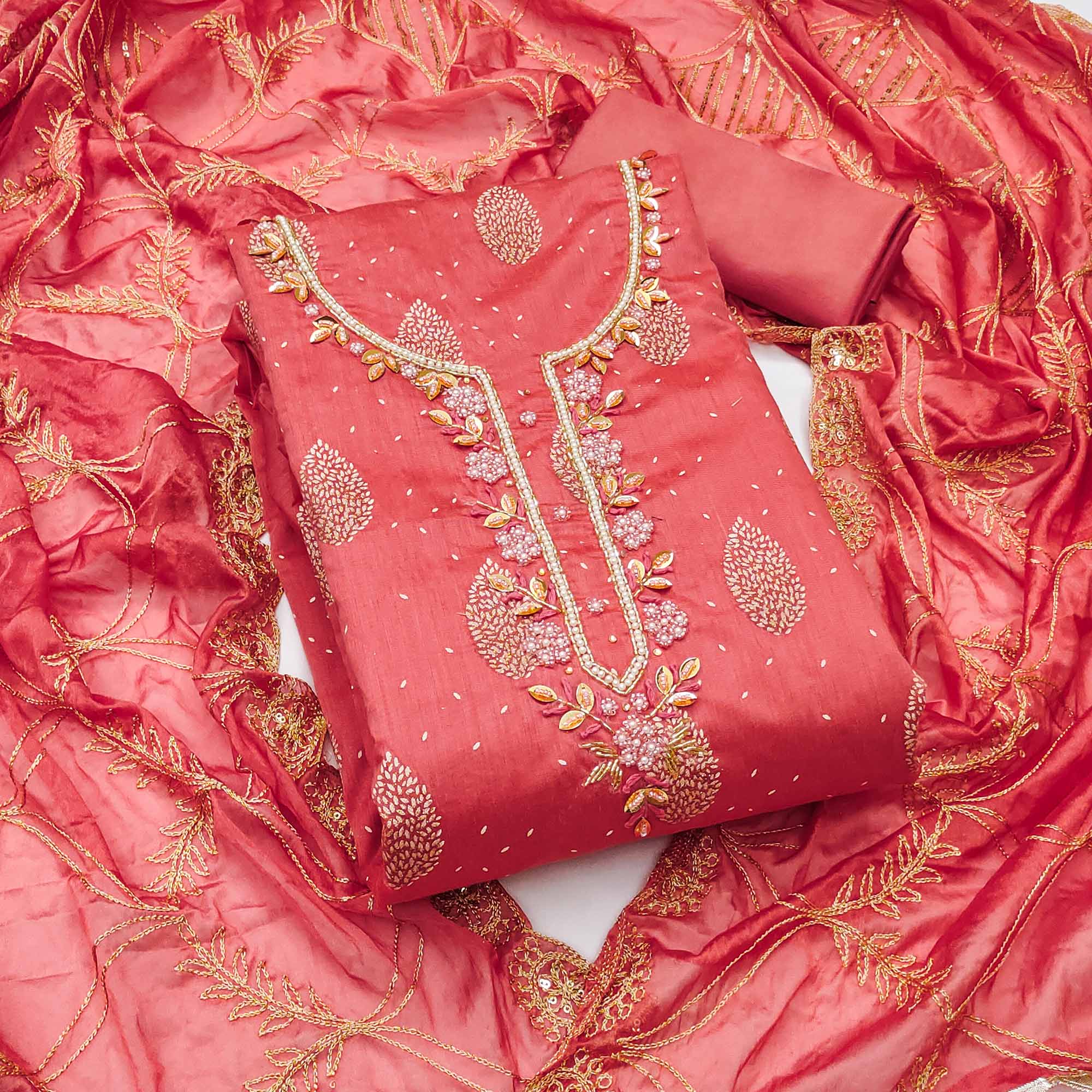 Peach Printed With Hand Embroidered Chanderi Silk Dress Material