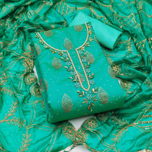 Turquoise Printed With Hand Embroidered Chanderi Silk Dress Material