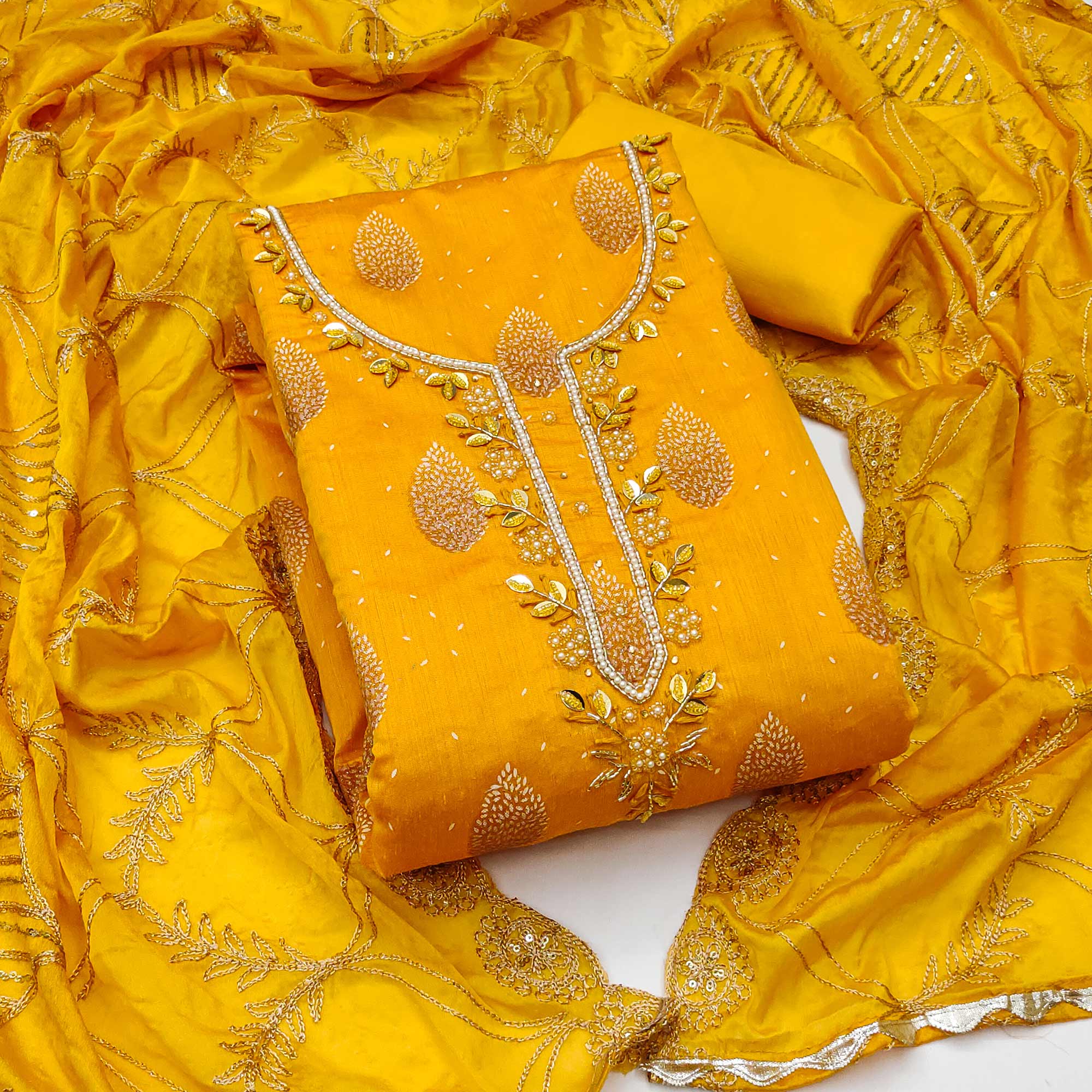 Yellow Printed With Hand Embroidered Chanderi Silk Dress Material