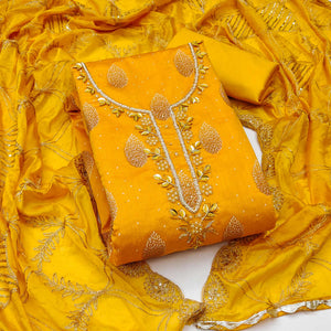 Yellow Printed With Hand Embroidered Chanderi Silk Dress Material