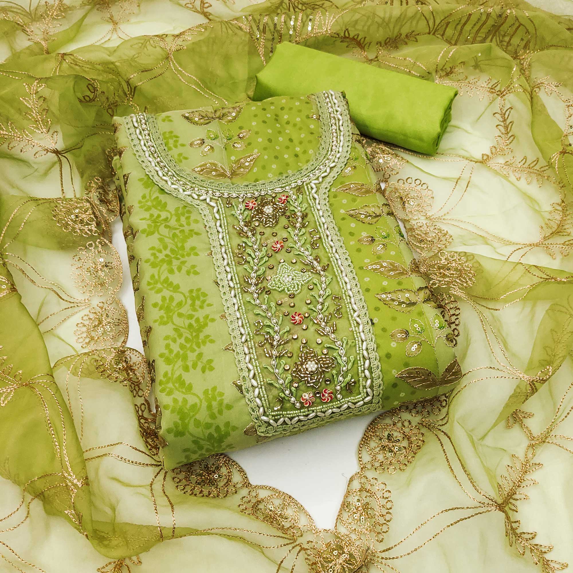 Green Floral Sequins Embroidery With Printed Organza Dress Material