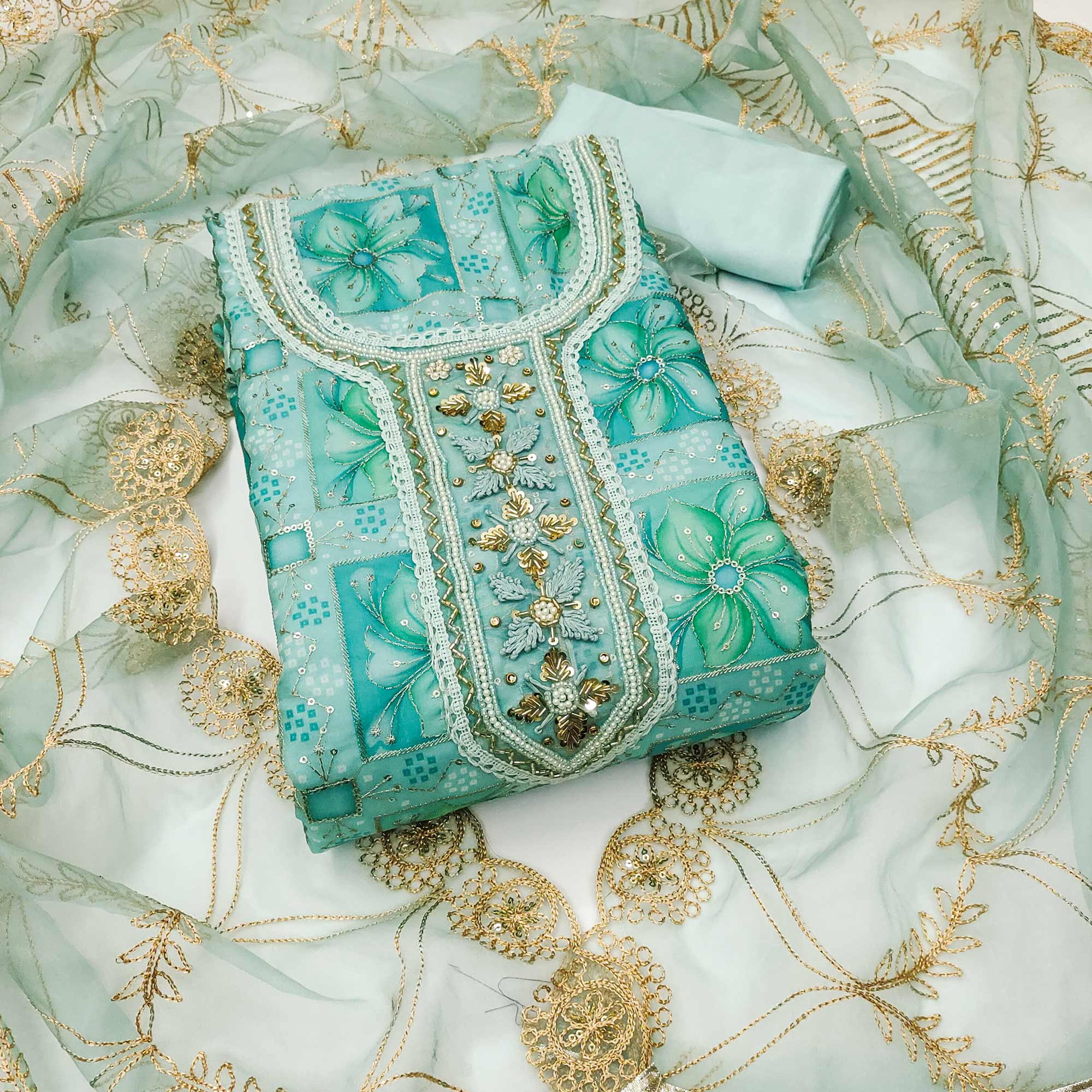 Turquoise Floral Print With Sequins Hand Embroidered Organza Dress Material