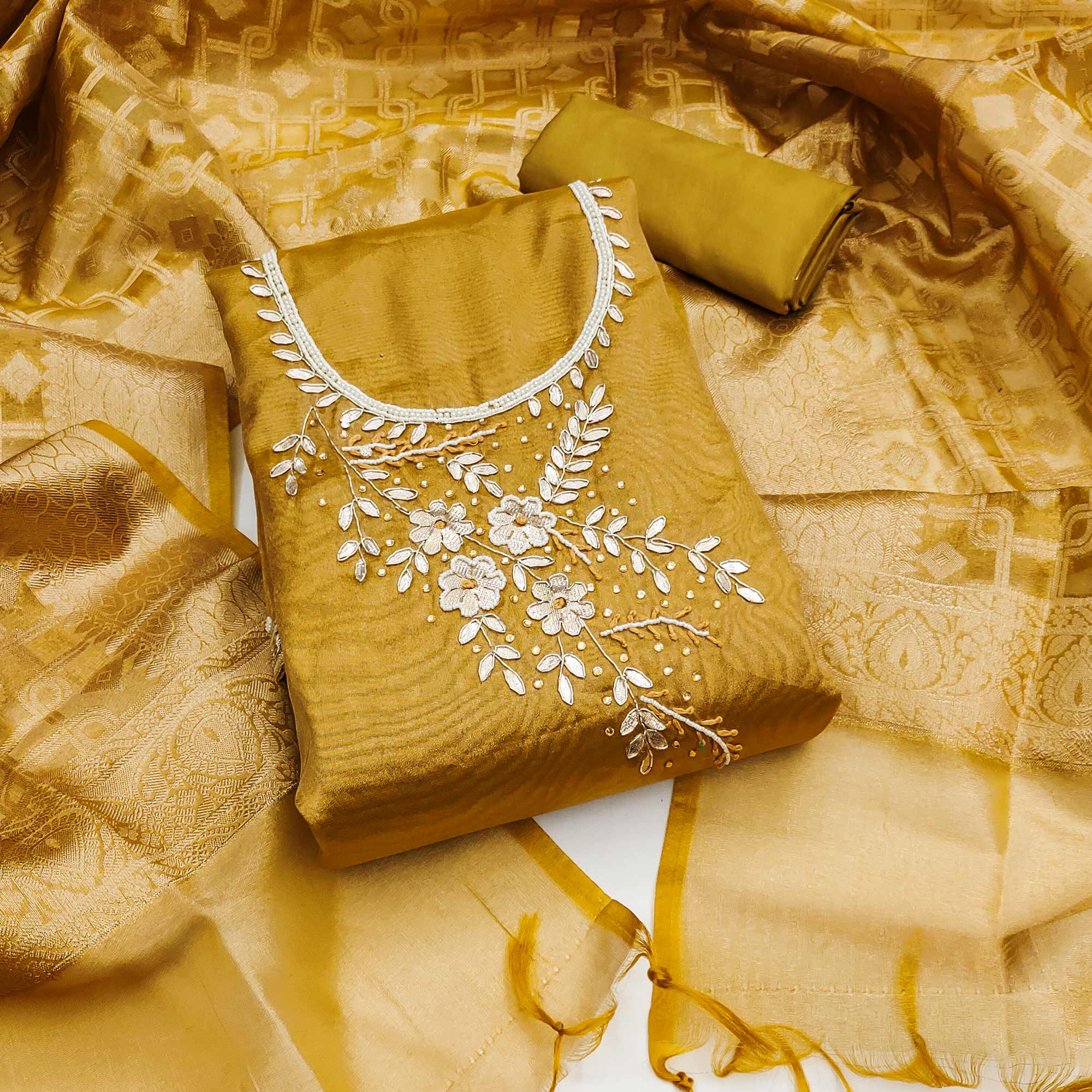 Mustard Floral Moti With Gota Patti Handwork Viscose Dress Material