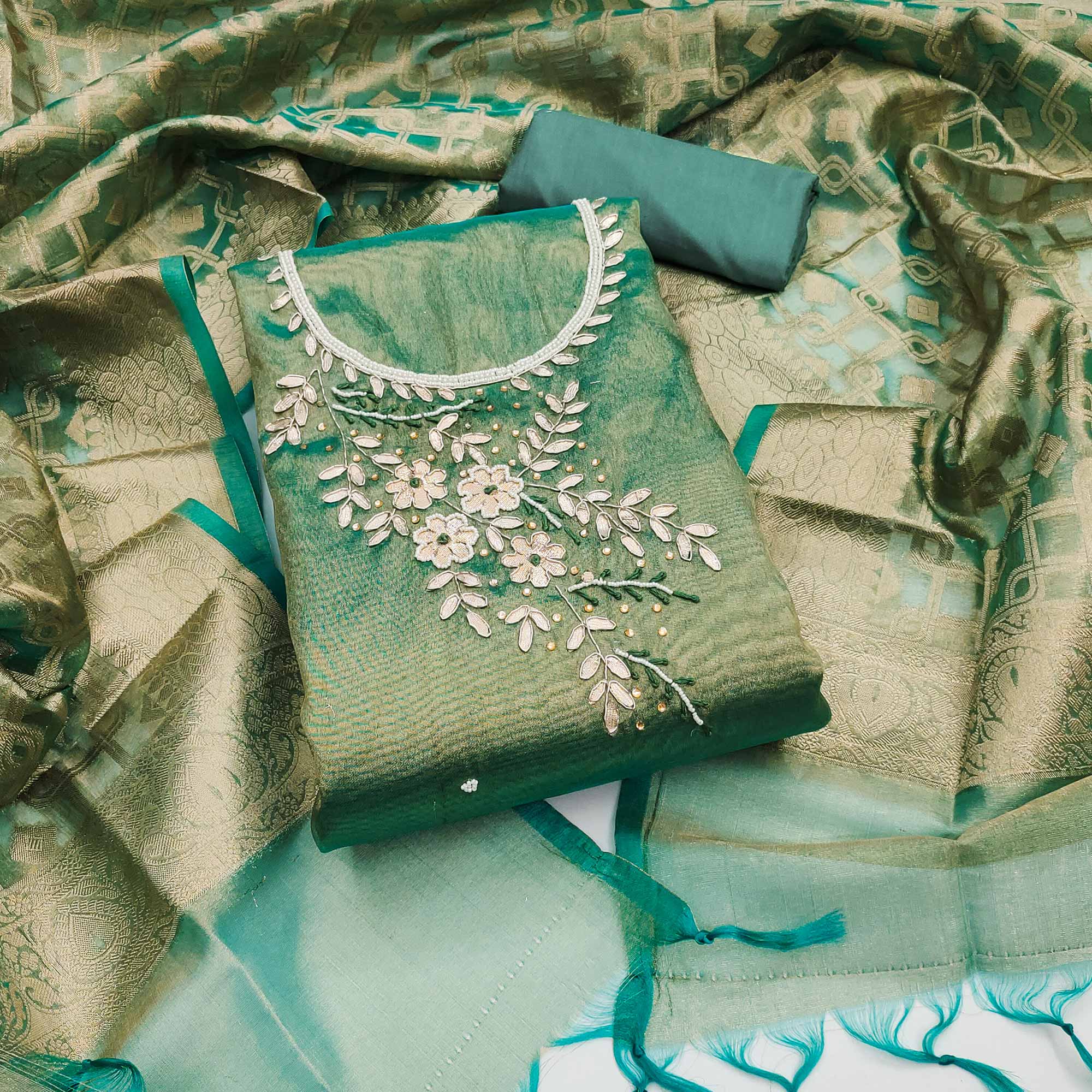 Rama Green Floral Moti With Gota Patti Handwork Viscose Dress Material