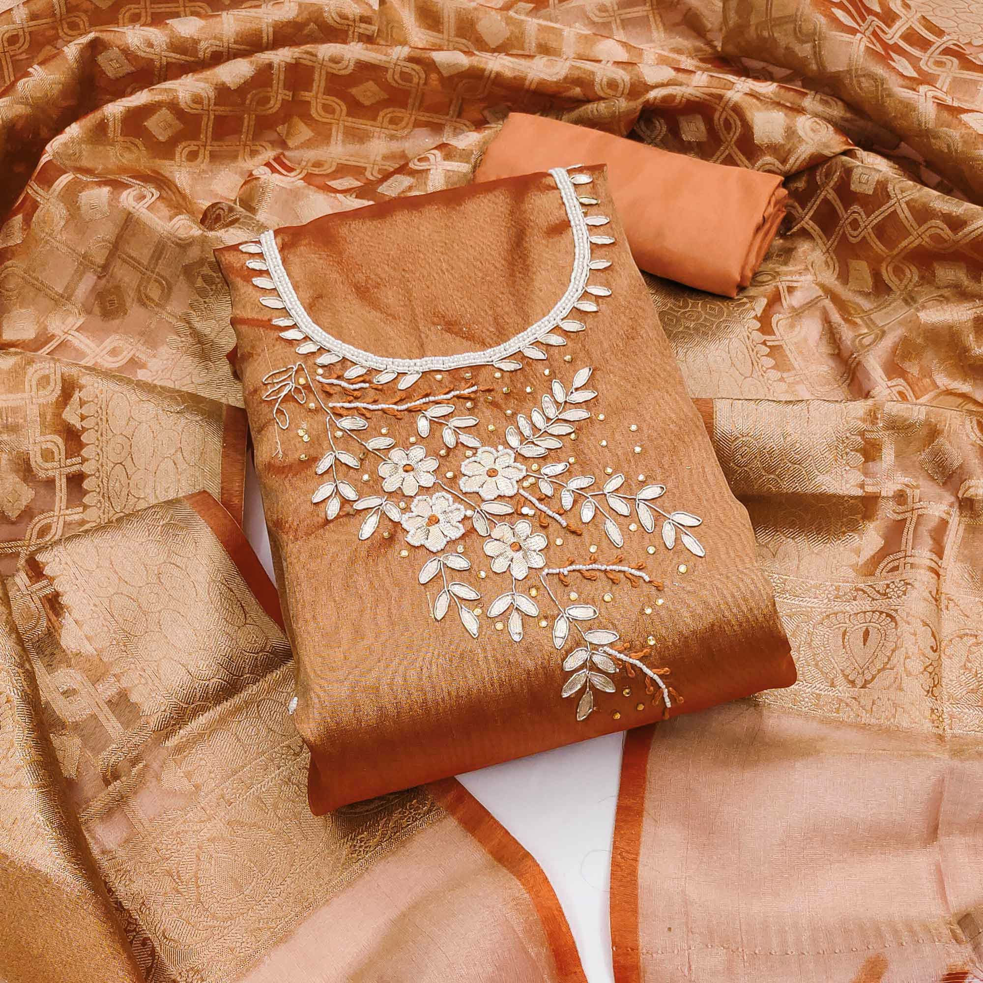 Rust Orange Floral Moti With Gota Patti Handwork Viscose Dress Material