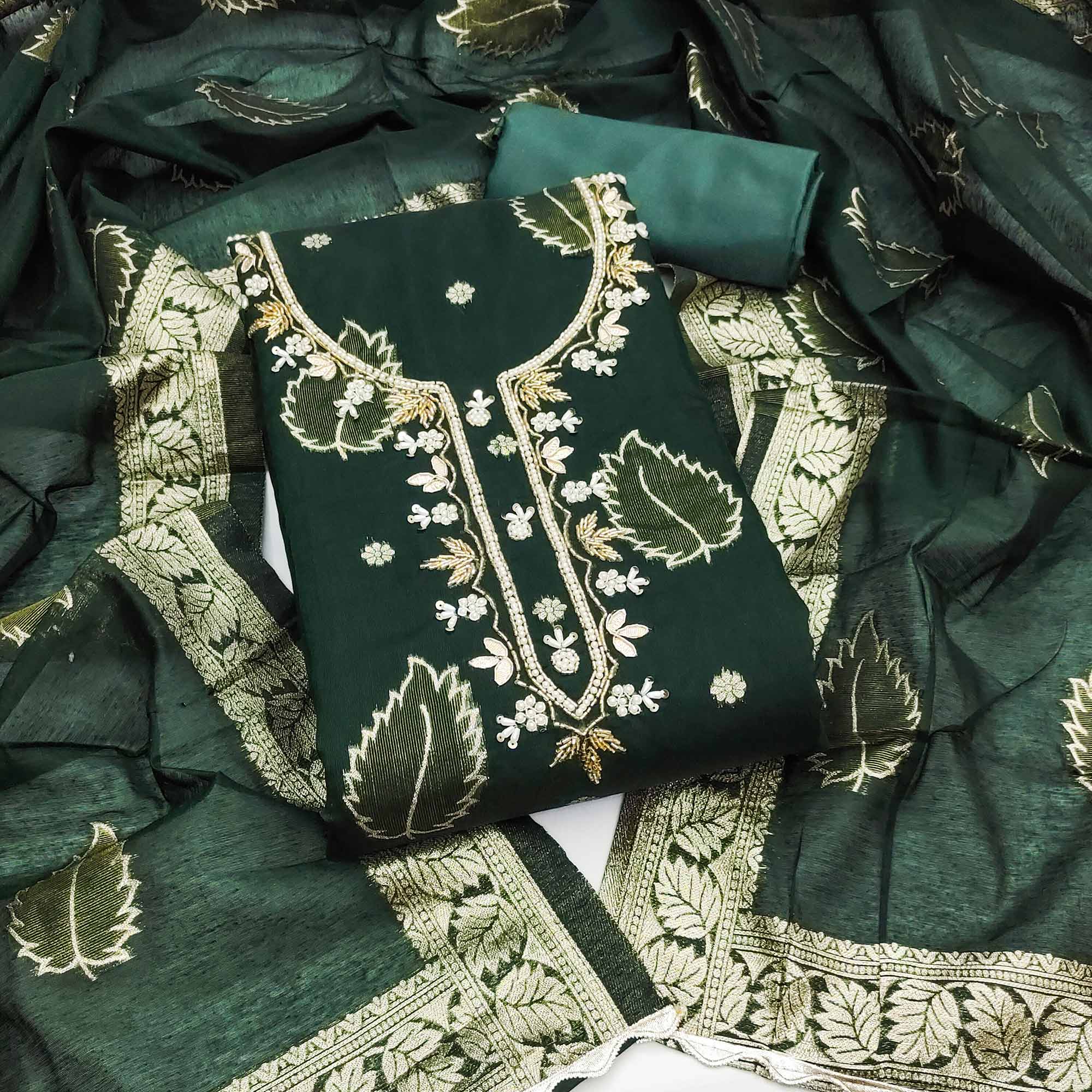 Green Floral Woven With Handwork Chanderi Banarasi Dress Material