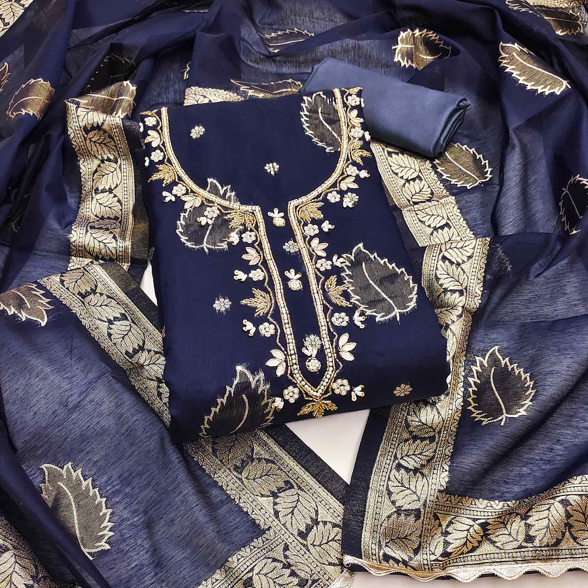 Navy Blue Floral Woven With Handwork Chanderi Banarasi Dress Material