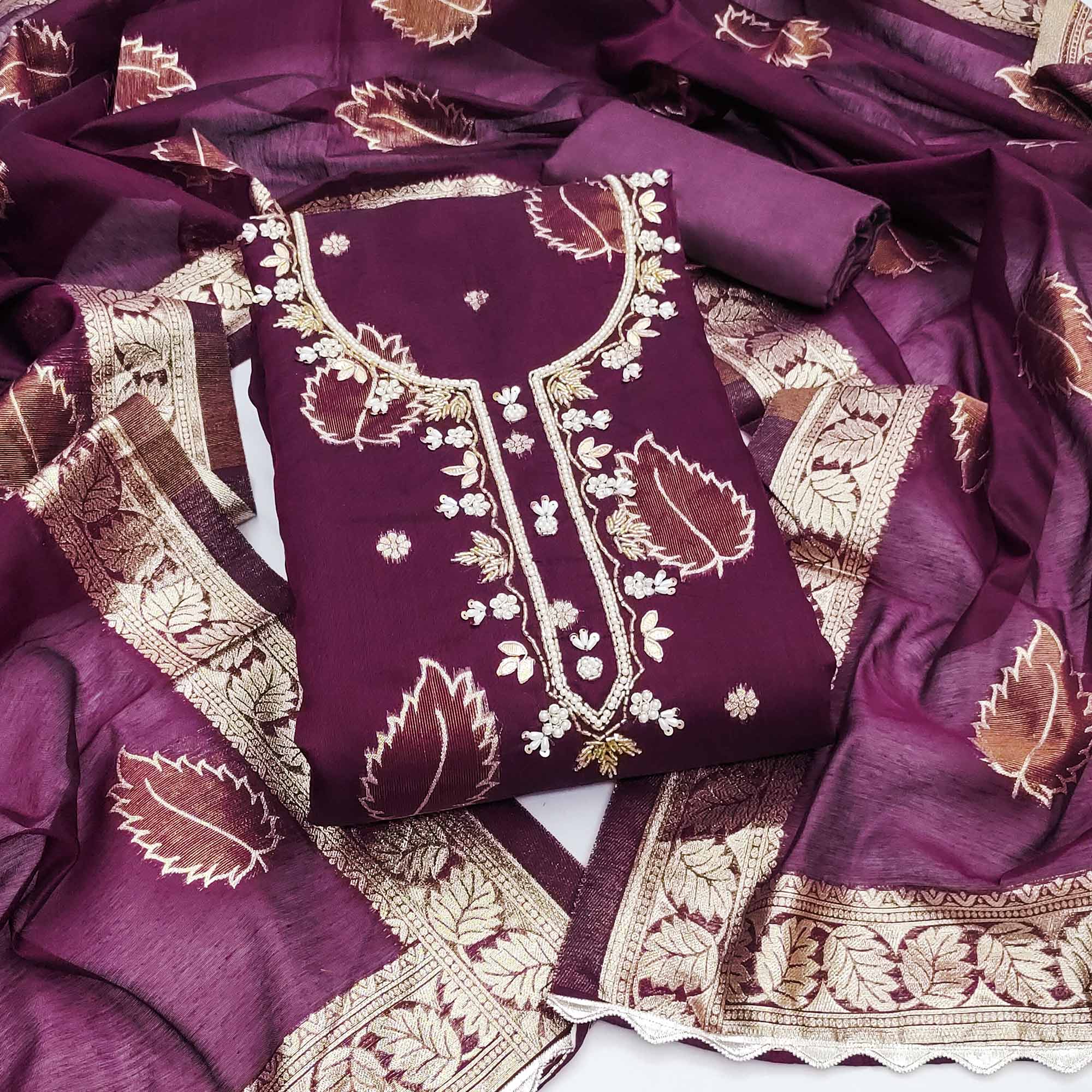 Purple Floral Woven With Handwork Chanderi Banarasi Dress Material