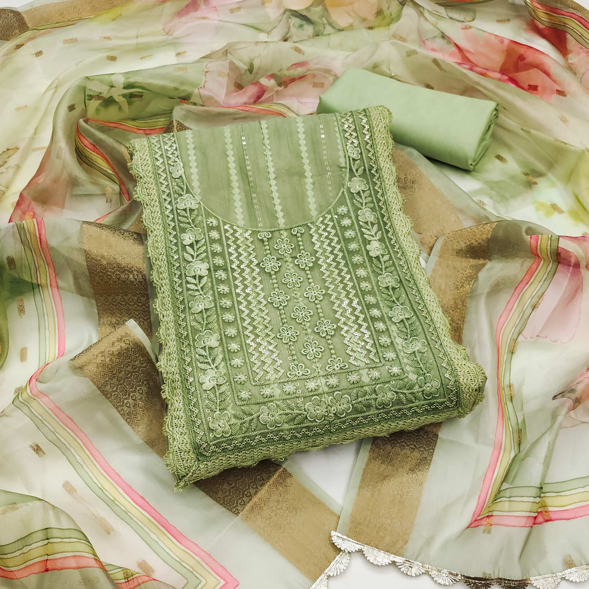 Green Floral Sequins Embroidered Cotton Silk Dress Material