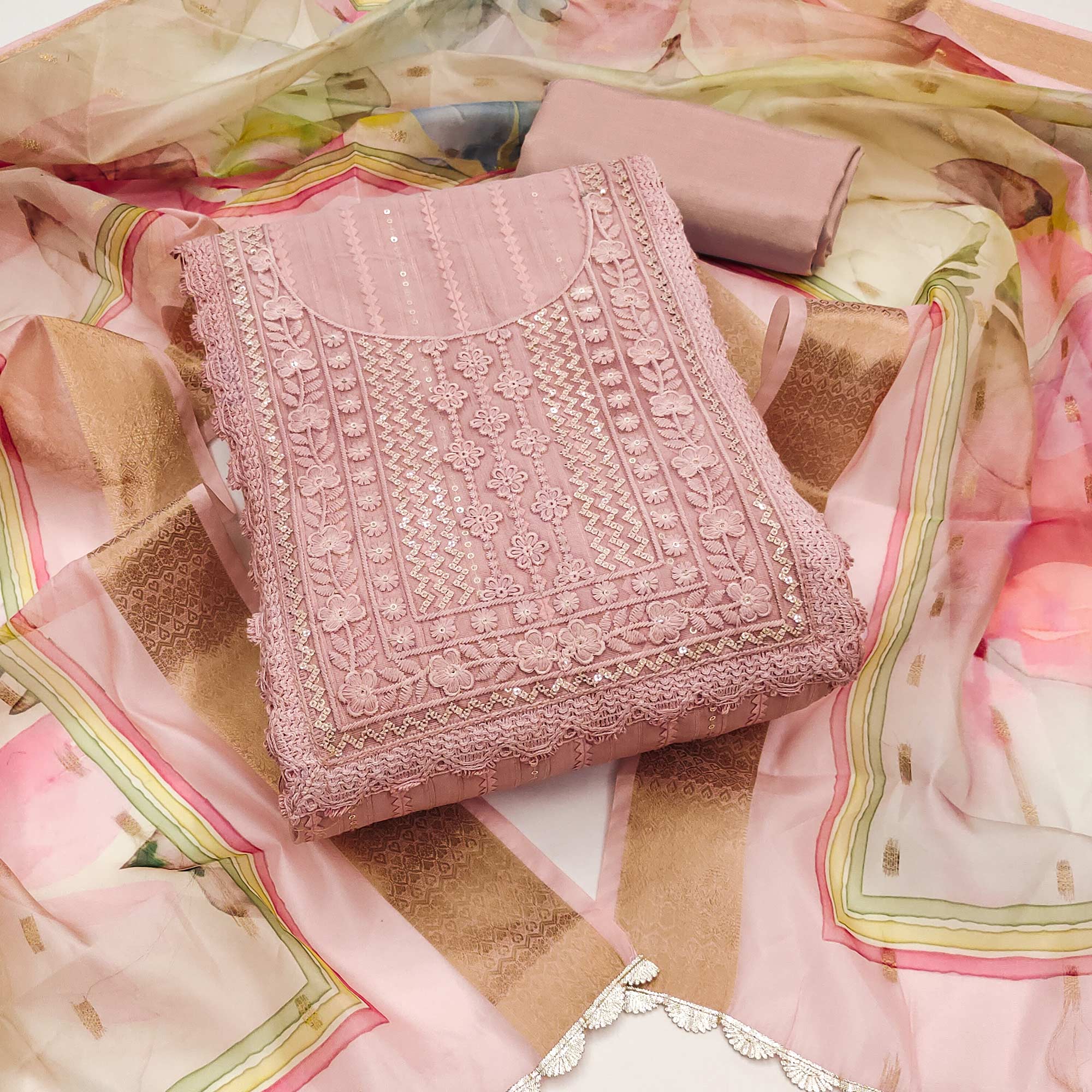 Peach Floral Sequins Embroidered Cotton Silk Dress Material