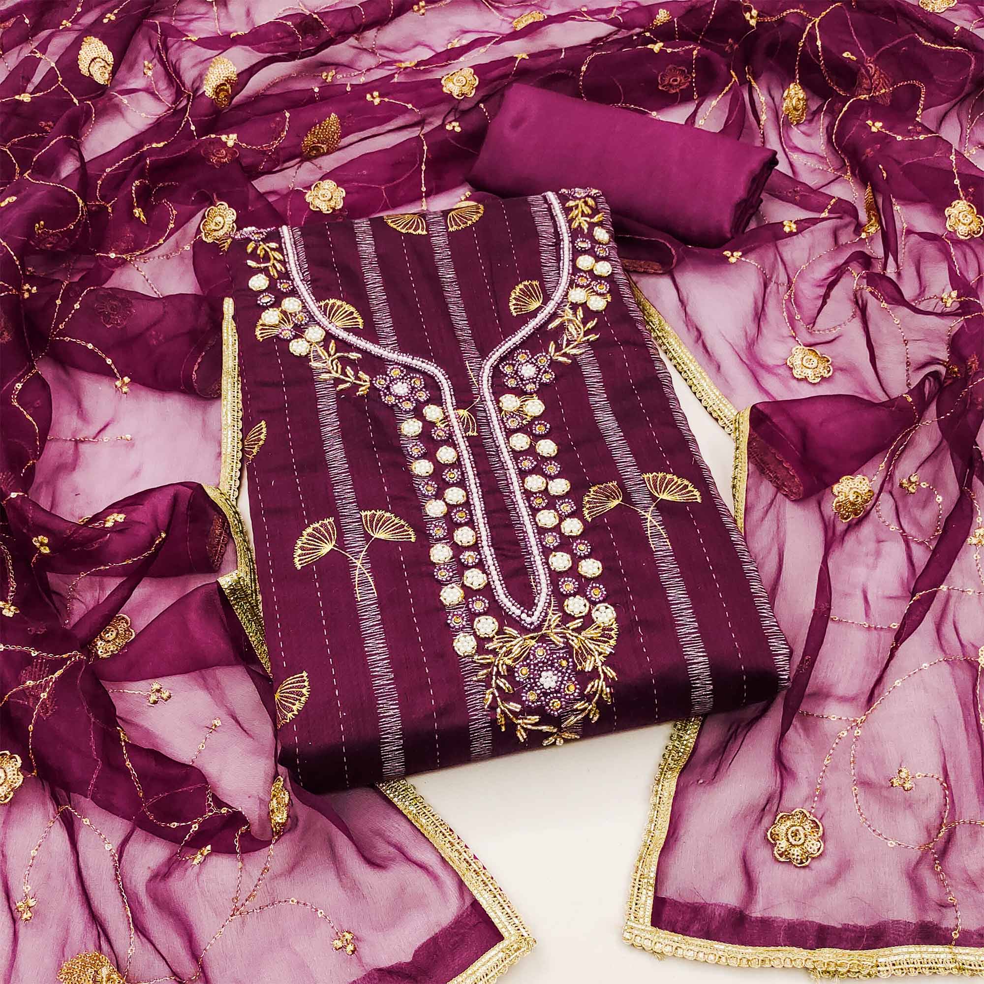 Purple Floral Foil Printed With Handwork Chanderi Dress Material