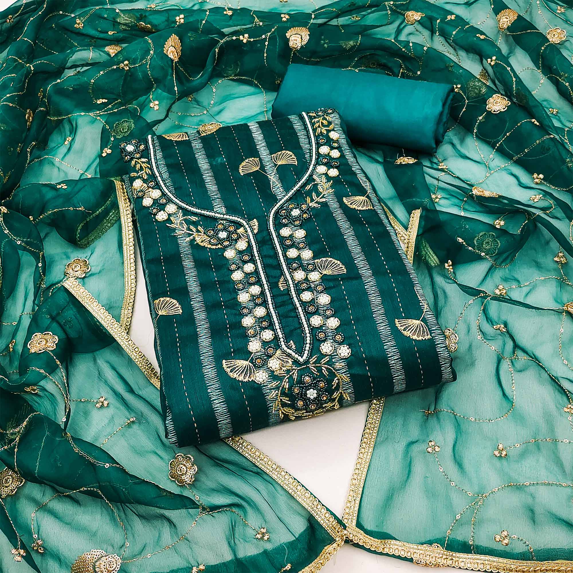 Teal Floral Foil Printed With Handwork Chanderi Dress Material