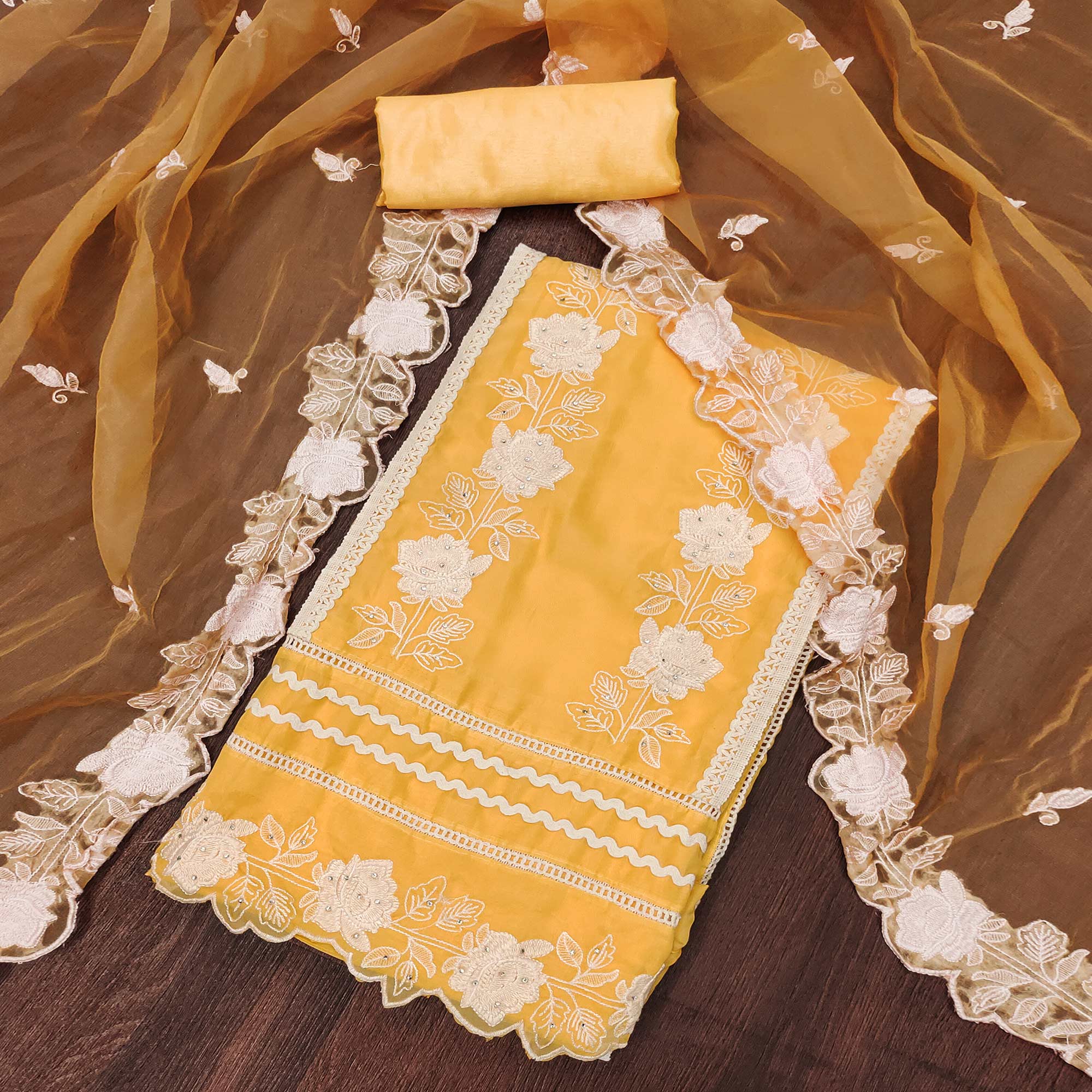 Yellow Floral Embroidery With Stonework Organza Dress Material