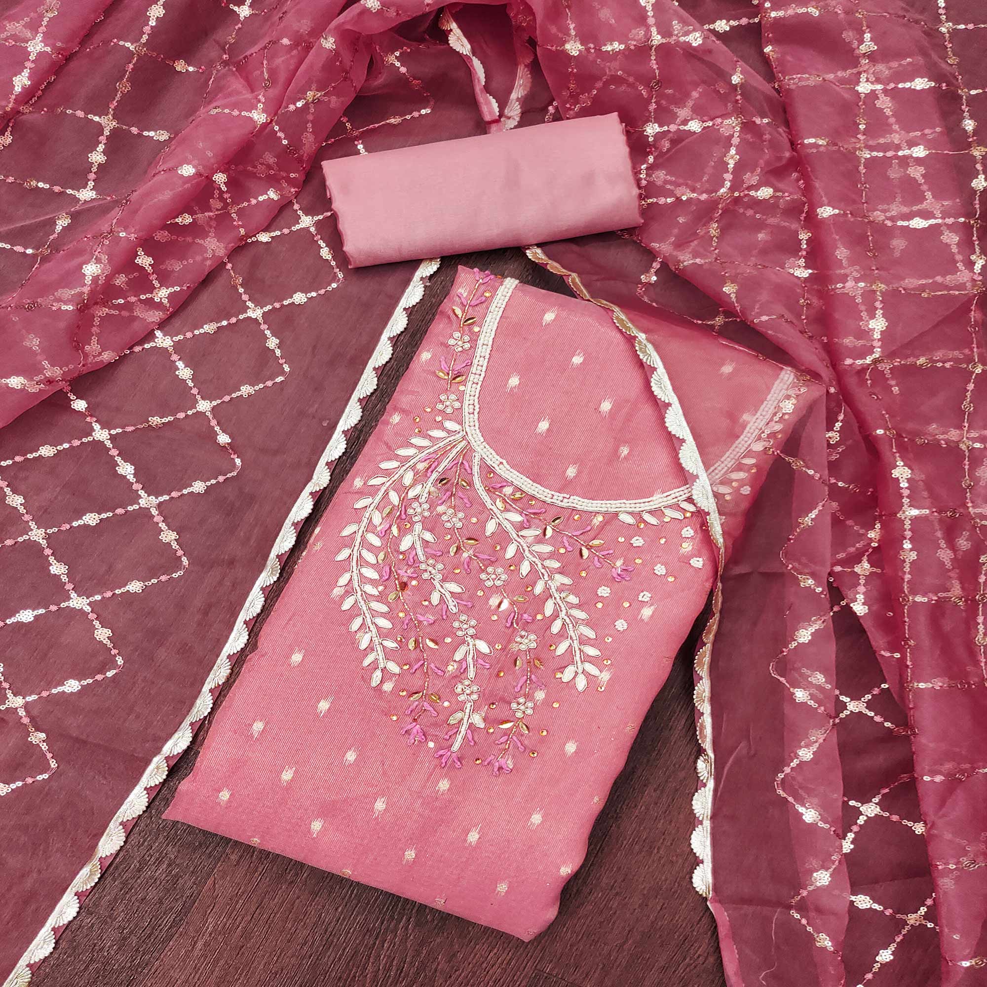 Gajari Pink Woven With Handwork Shimmer Banarasi Silk Material Material