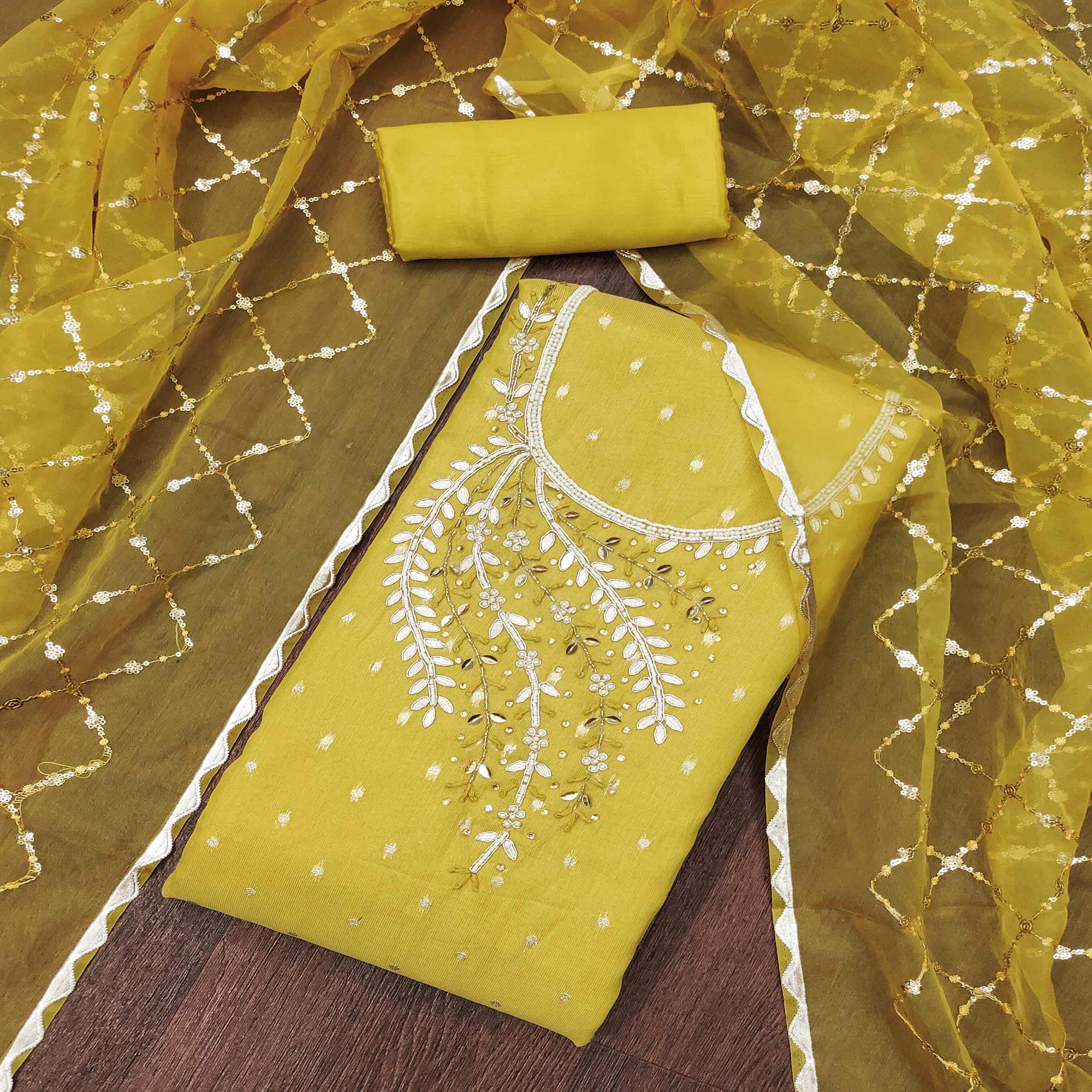 Yellow Woven With Handwork Shimmer Banarasi Silk Material Material