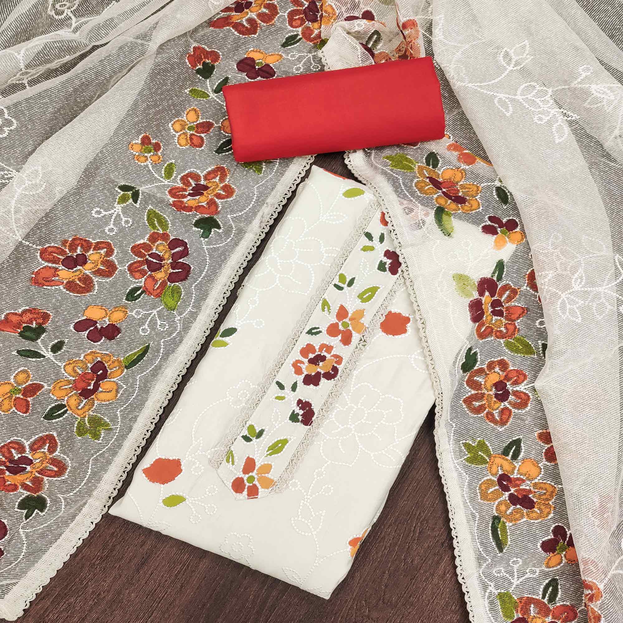 Offwhite & Orange Floral Embroidery With Printed Roman Cotton Silk Material Material