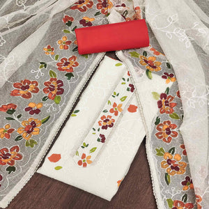 Offwhite & Orange Floral Embroidery With Printed Roman Cotton Silk Material Material