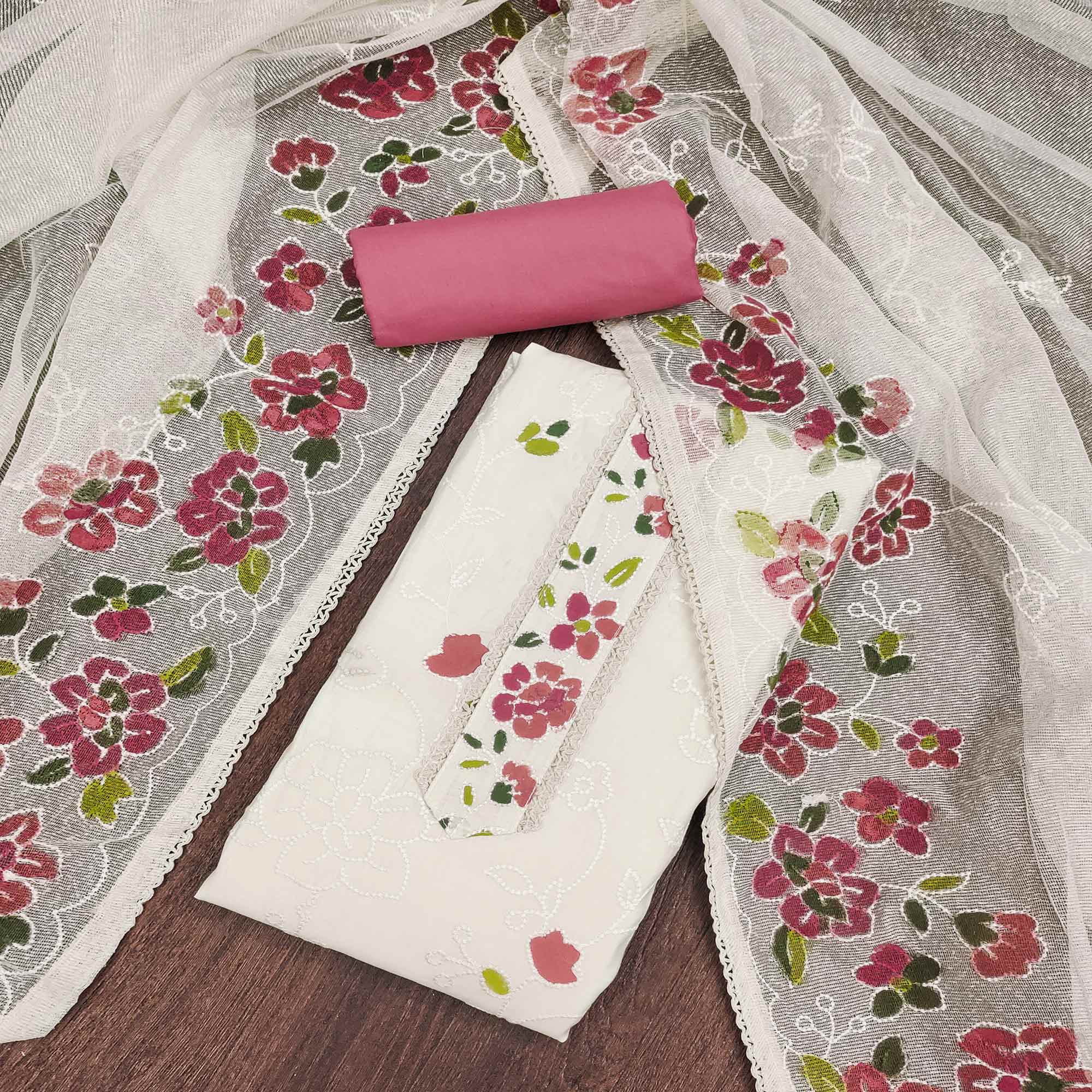 Offwhite & Pink Floral Embroidery With Printed Roman Cotton Silk Material Material