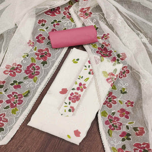 Offwhite & Pink Floral Embroidery With Printed Roman Cotton Silk Material Material