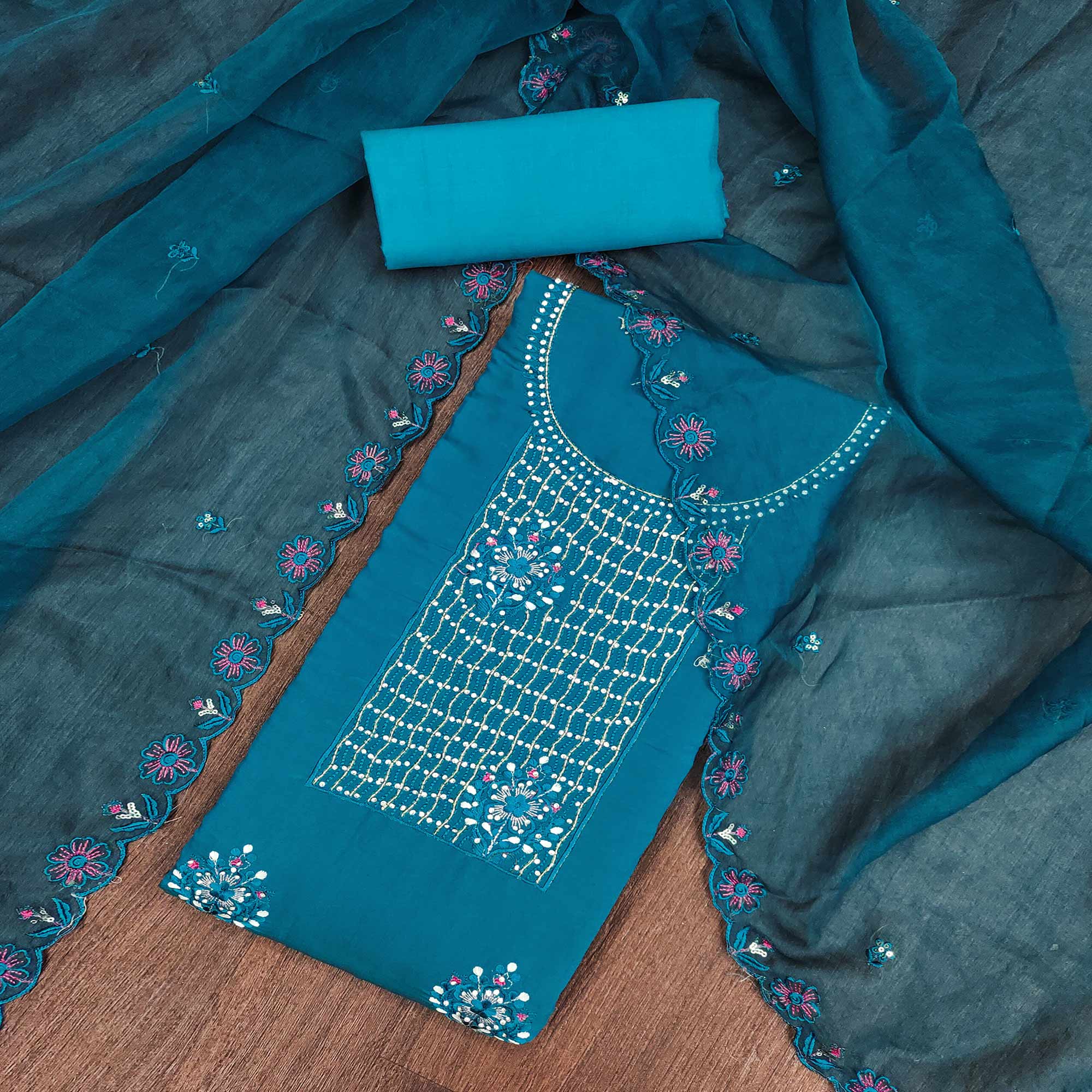 Blue Floral Embroidery With Handwork Roman Cotton Silk Material Material