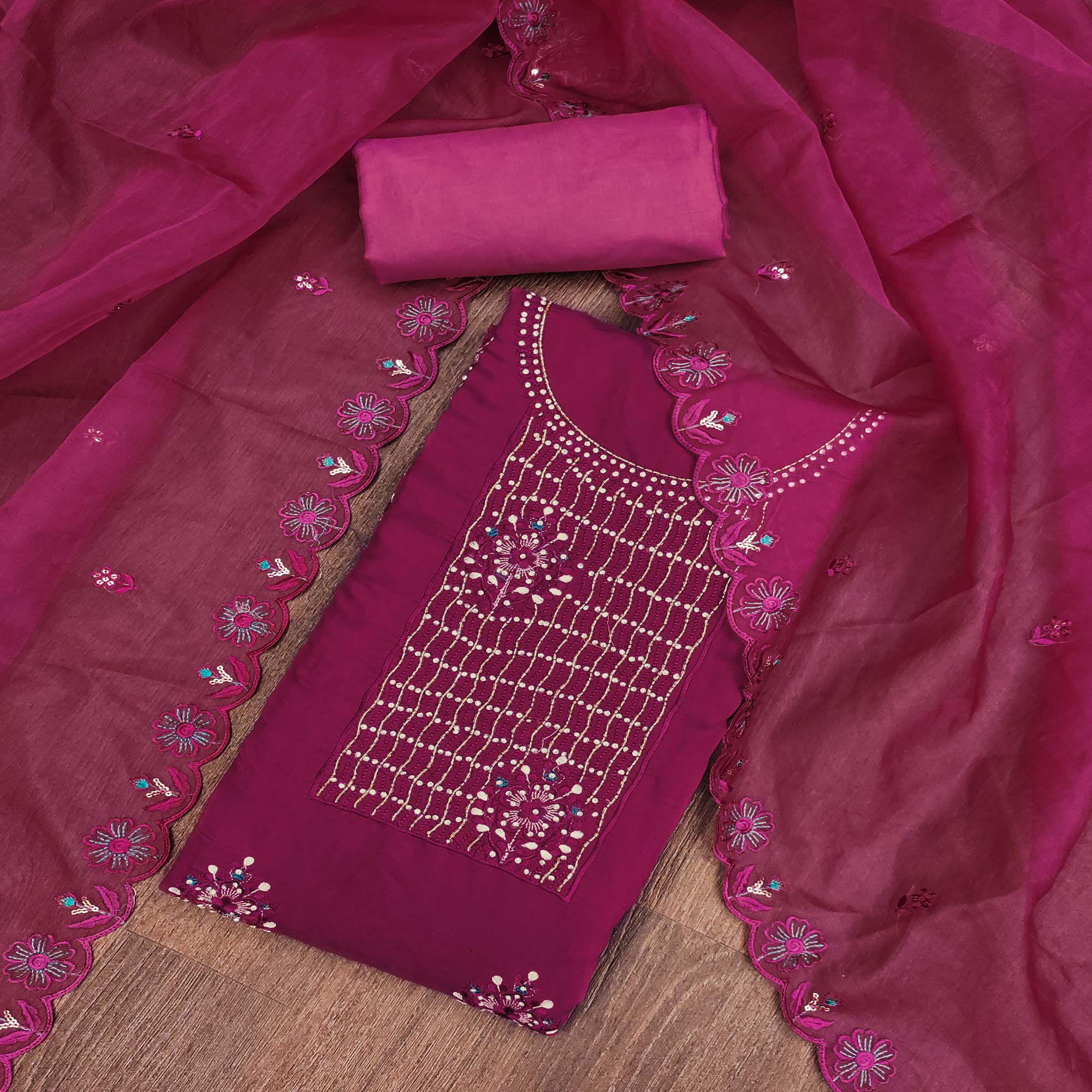 Magenta Floral Embroidery With Handwork Roman Cotton Silk Material Material