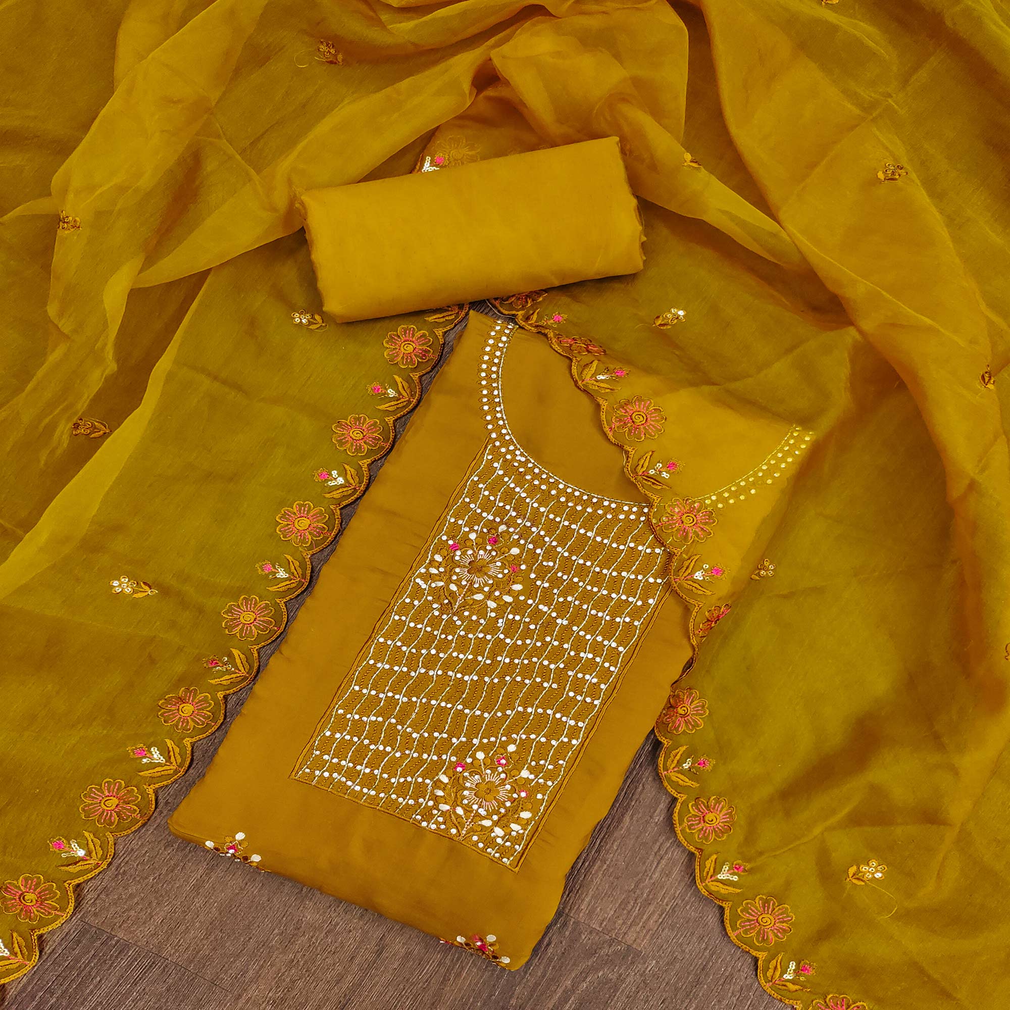 Mustard Floral Embroidery With Handwork Roman Cotton Silk Material Material