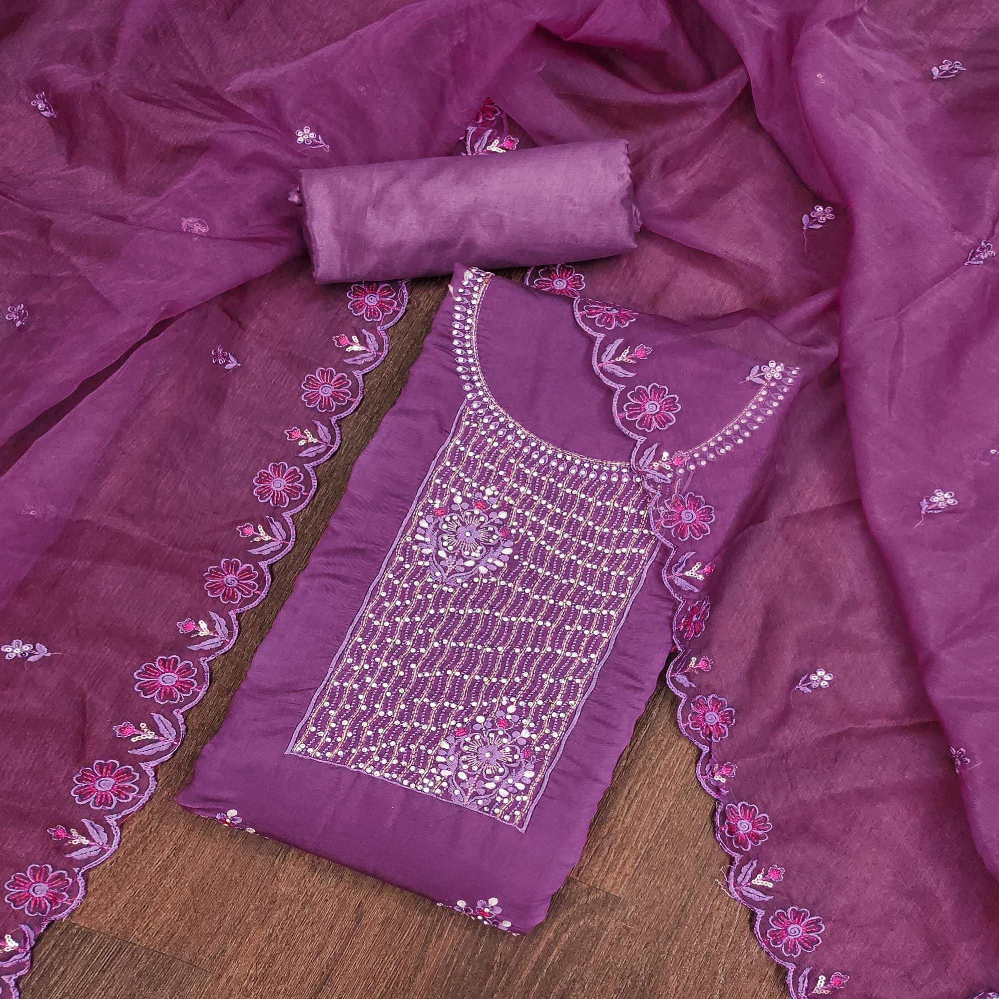 Purple Floral Embroidery With Handwork Roman Cotton Silk Material Material