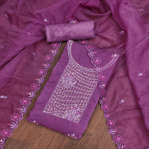 Purple Floral Embroidery With Handwork Roman Cotton Silk Material Material
