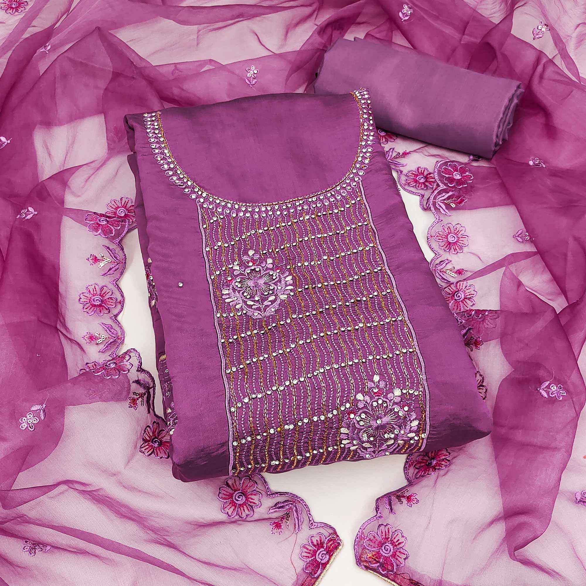 Purple Floral Embroidery With Stonework Cotton Silk Dress Material