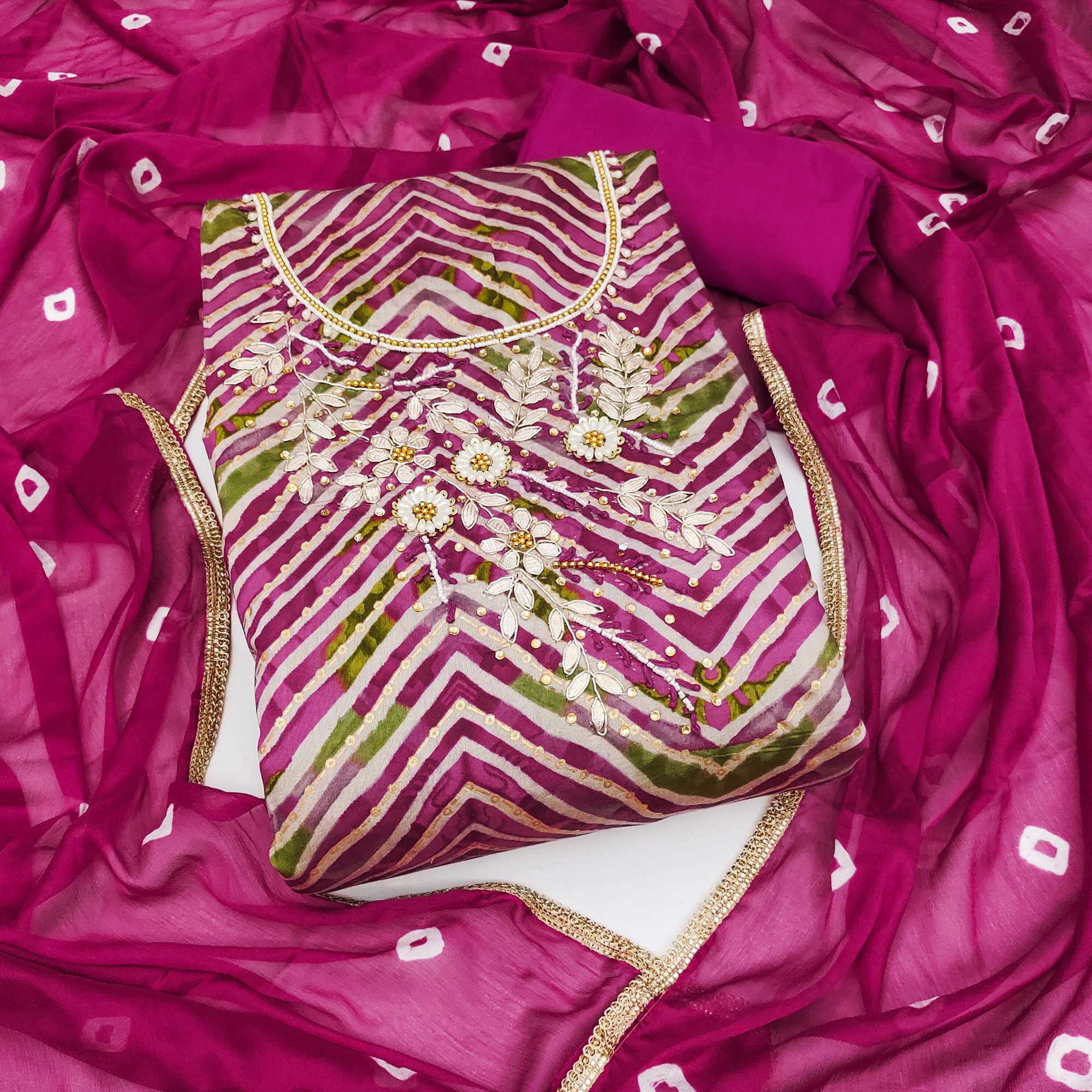Magenta Zig Zag Printed With Floral Handwork Roman Cotton Silk Dress Material