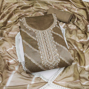 Dark Chikoo Floral Woven With Handwork Banarasi Silk Dress Material