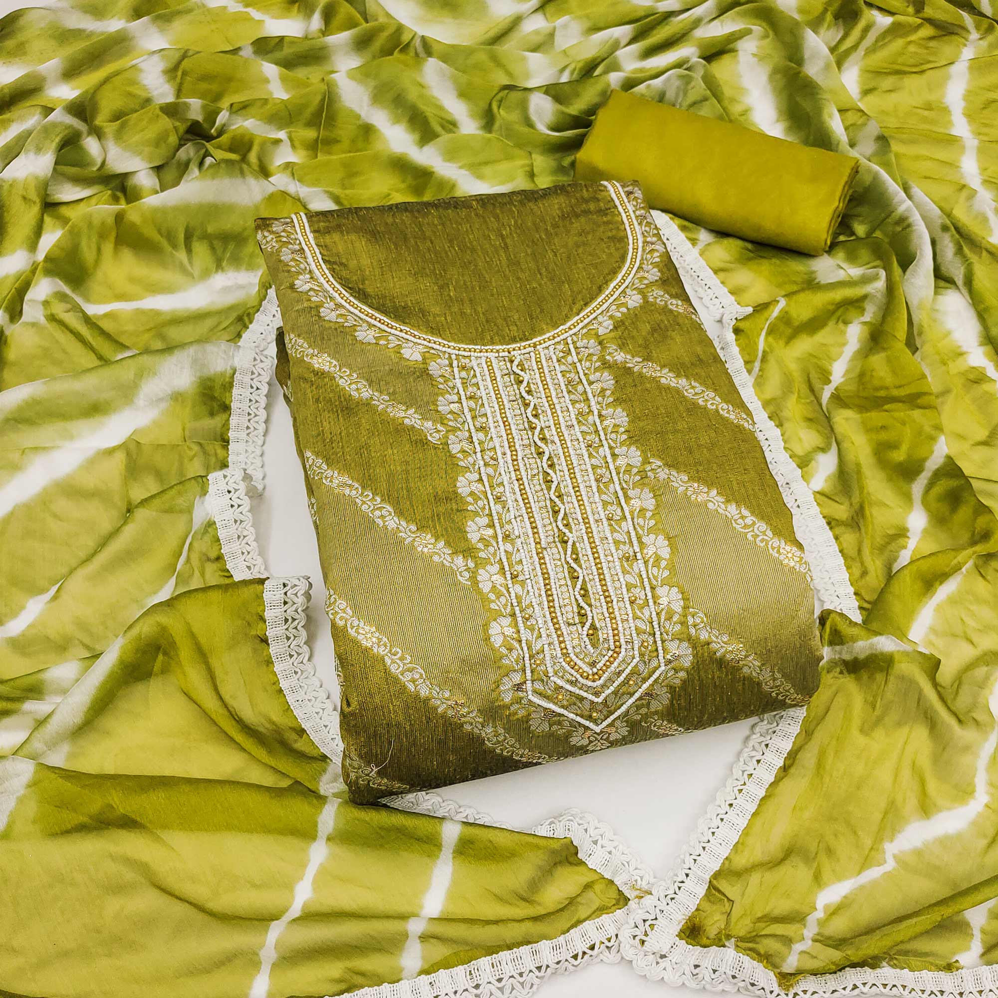 Green Floral Woven With Handwork Banarasi Silk Dress Material