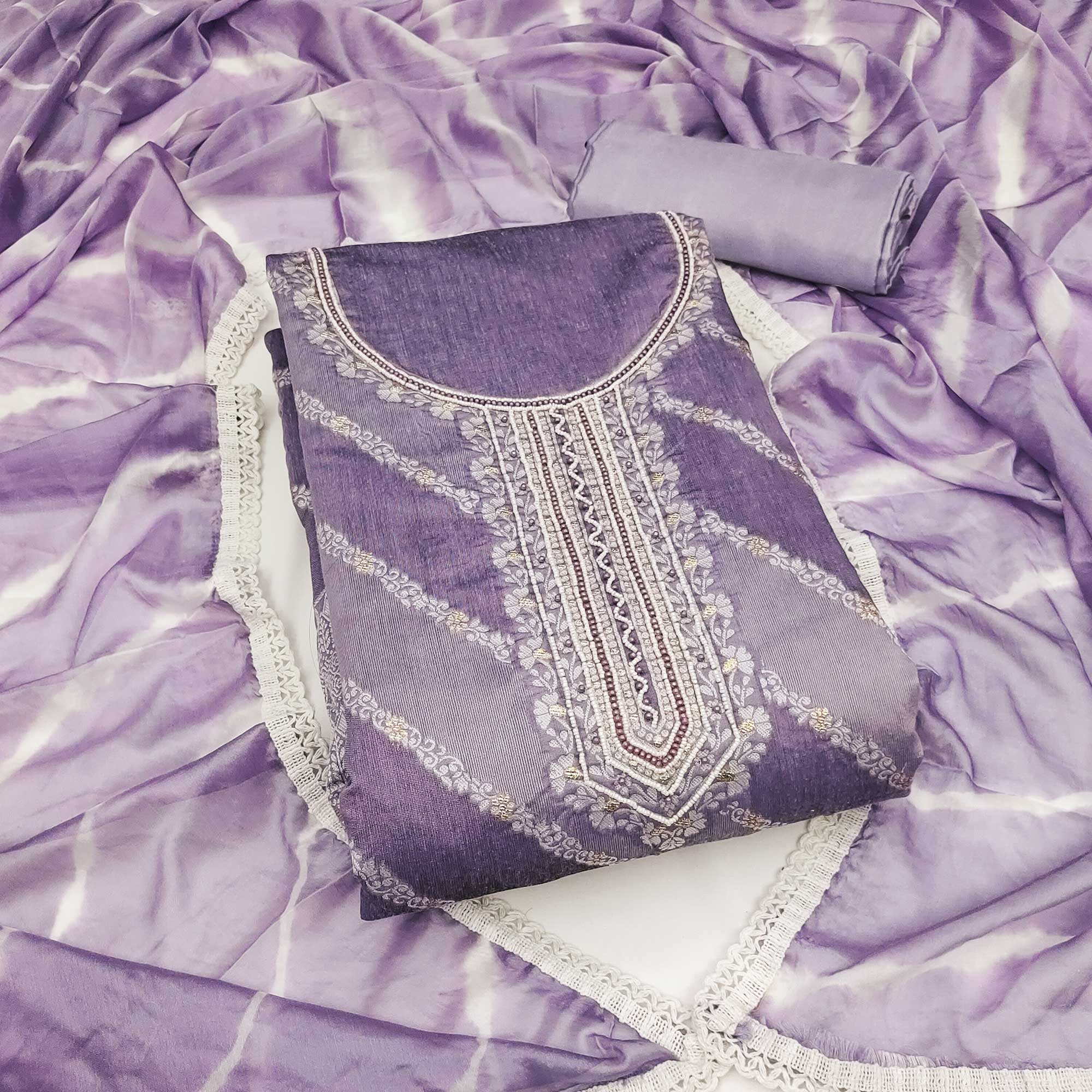 Lavender Floral Woven With Handwork Banarasi Silk Dress Material