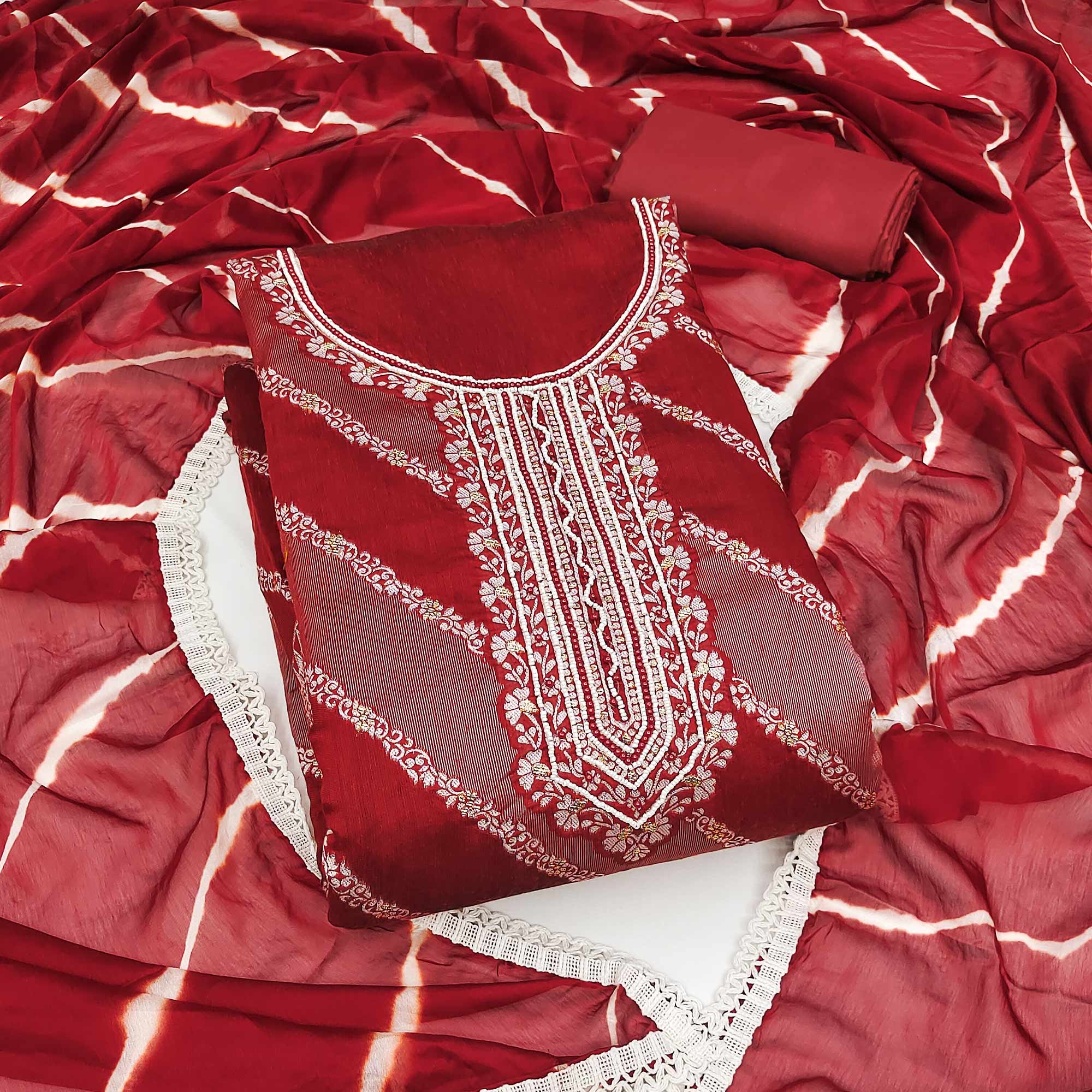 Red Floral Woven With Handwork Banarasi Silk Dress Material